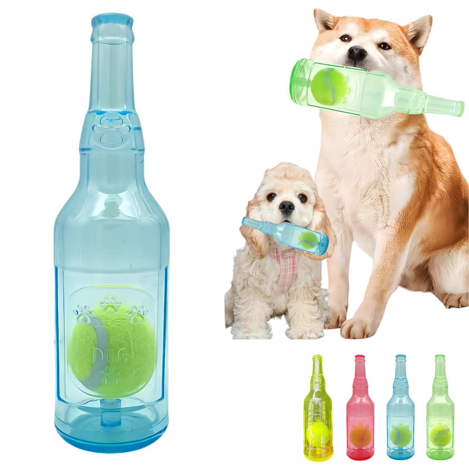 Cute Tough Dog Toy Rubber Bottle Squeaky Dogs Chew Toy Long Lasting Interactive Fetch Toy For Teething Tennis Ball Included (Blu