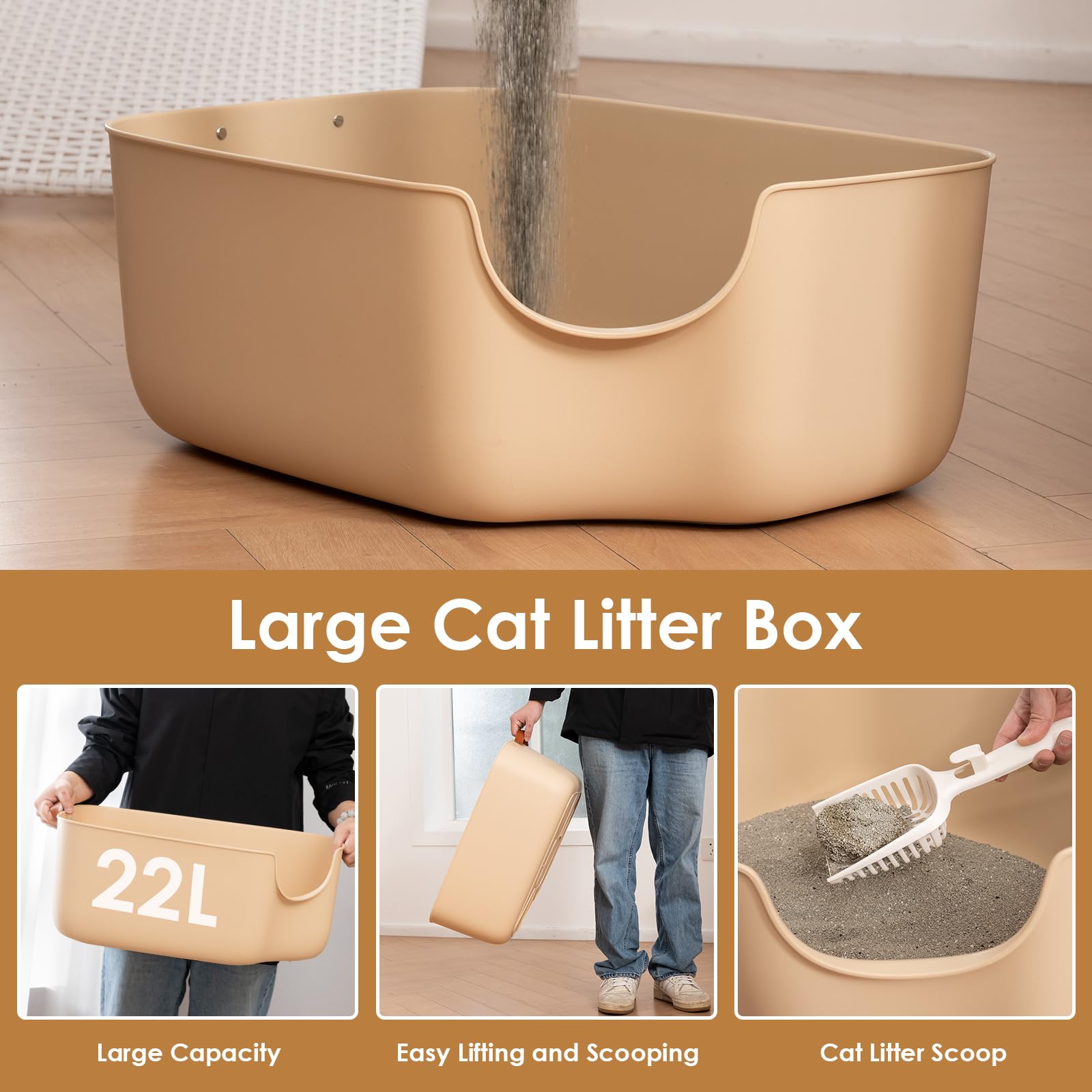 Olurrsia Large Cat Litter Box, Cat Litter Pan For Big Cats With Leather Side Handle & Litter Scoop - 22'' L X 16'' W X 8.8'' H,