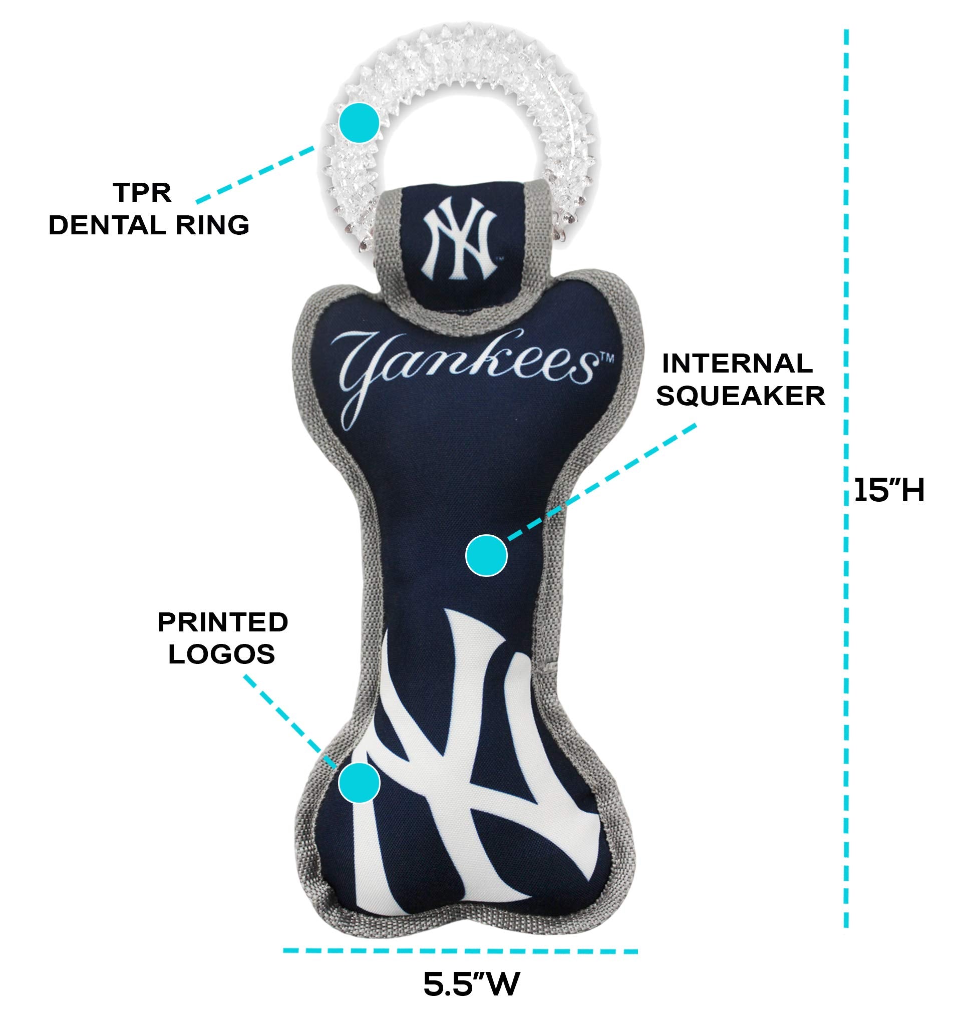 Pets First MLB New York Yankees Dog TUG Toy, Bone Shaped with Squeaker, 11 x 6", Tough Polyester for Teething & Dental Health