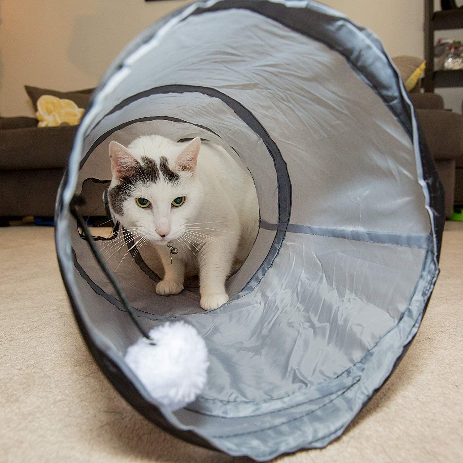 PetLike S Way Cat Tunnel Collapsible Pop-up Pet Tube Hideaway Play Toy with Ball (S-Way, Grey and Green)