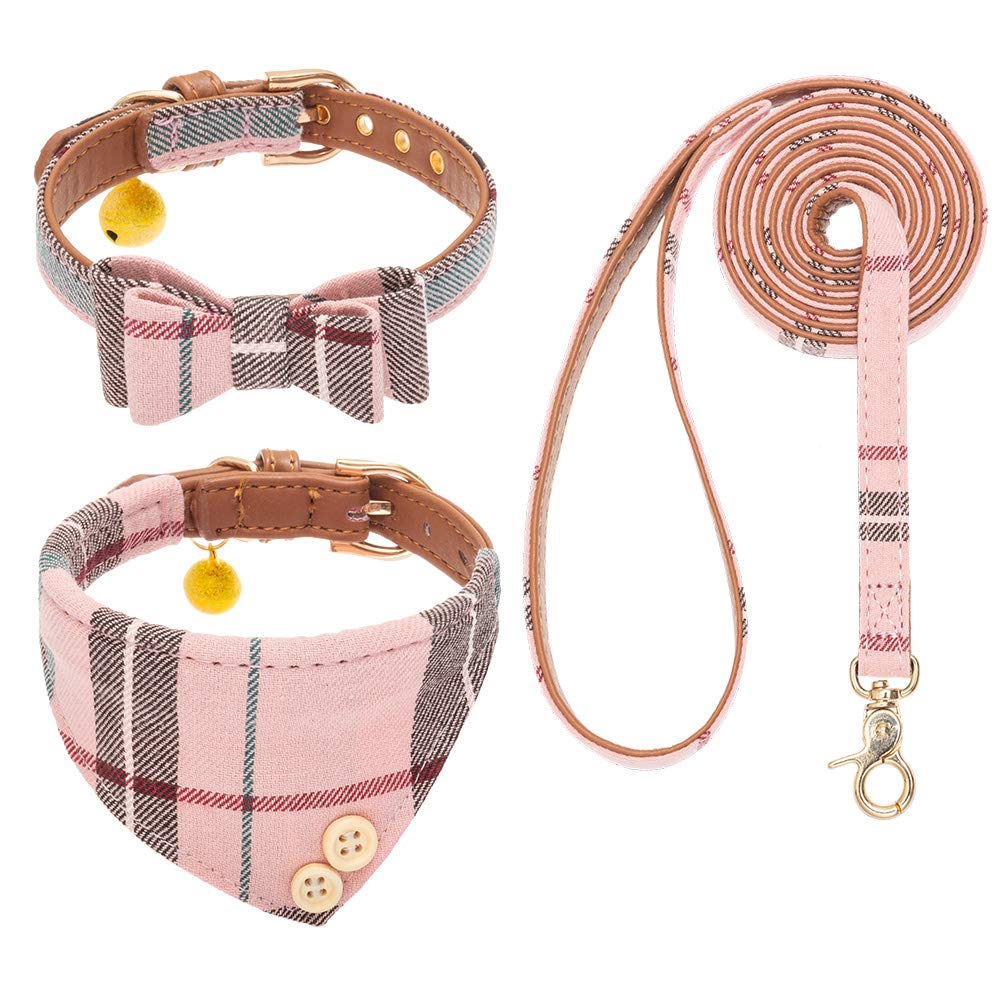 Expawlorer Dog Collar And Leash Set - Classic Plaid Dog Bow Tie And Bandana Collar With Bell, Dog Leash Tangle Free, Adjustable 
