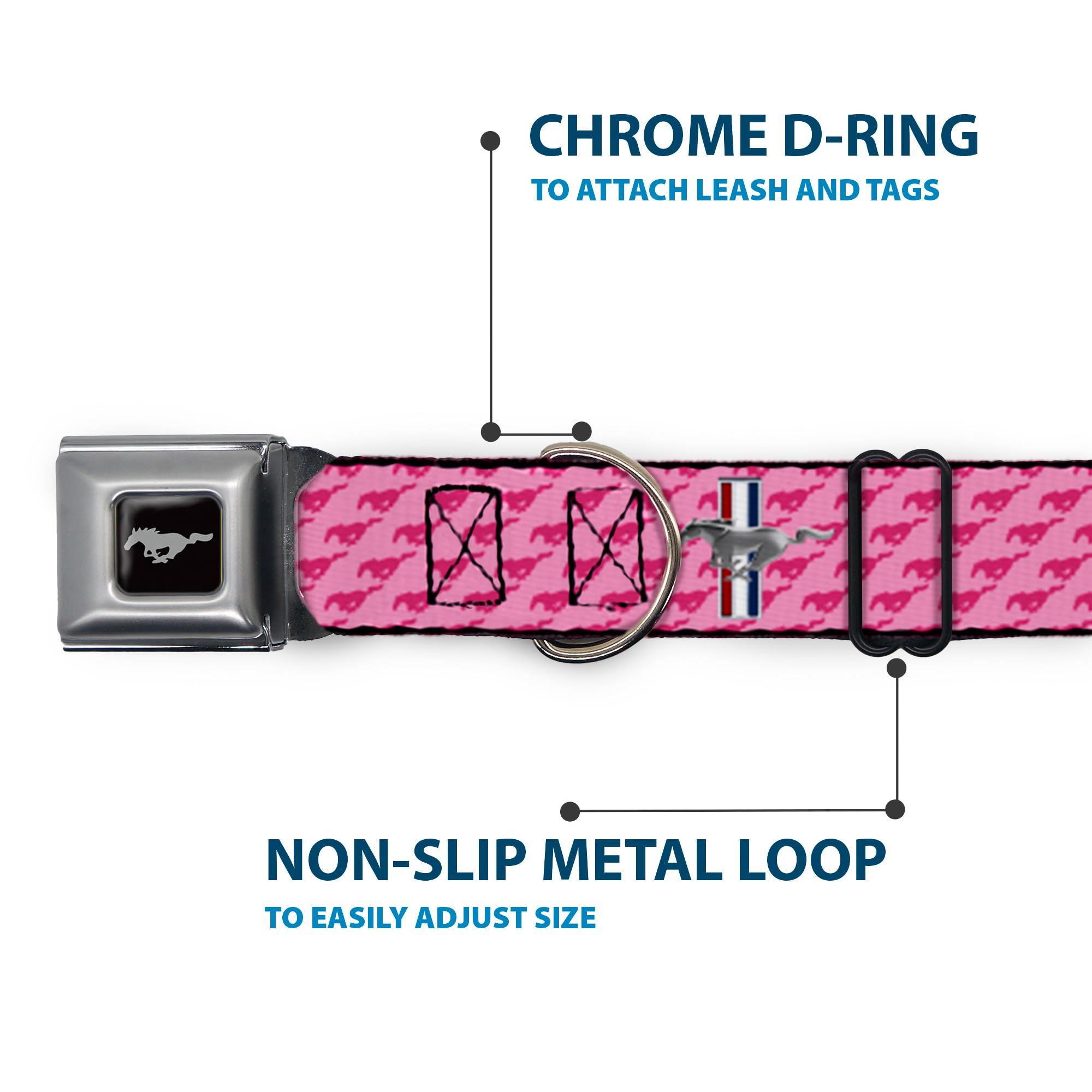 Buckle-Down Dog Collar Seatbelt Buckle Ford Mustang Bars Text Pink Logo Repeat 16 To 23 Inches 1.5 Inch Wide