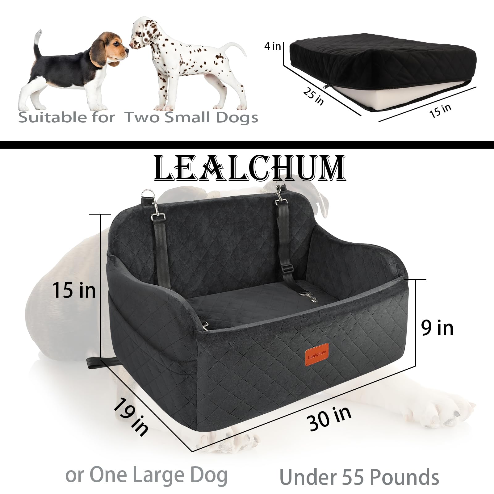 Lealchum Large Dog Car Seat,Memory Foam Cushion Car Seat for 2 Small Dogs,Comfy Car Dog Bed with Side Pocket and 2 Clip-On Safet