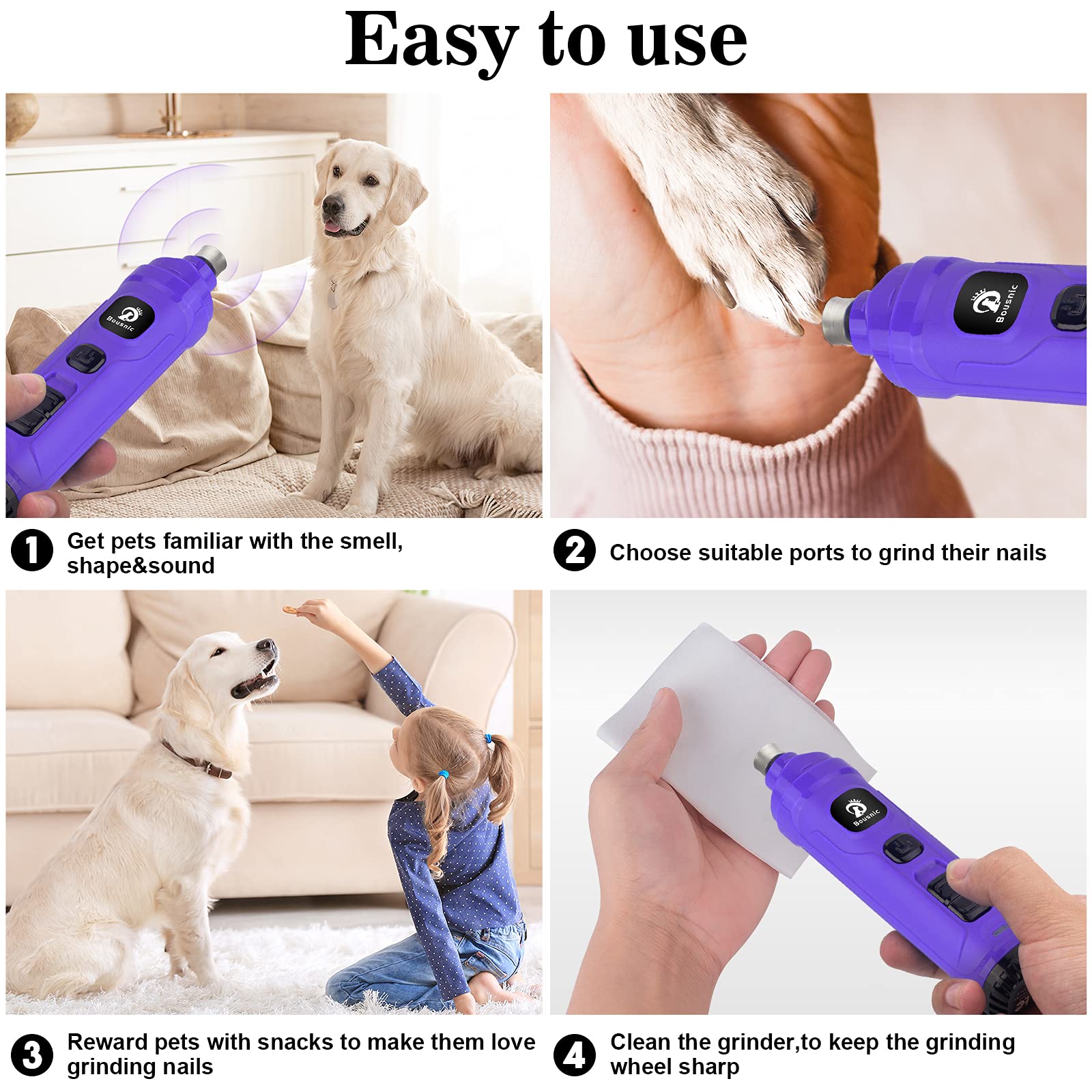 Bousnic Dog Nail Grinder With 2 Led Light - Super Quiet Pet Nail Grinder Powerful 2-Speed Electric Dog Nail Trimmer File Toenail Grinder For Puppy Small Medium Large Breed Dogs & Cats (Purple)