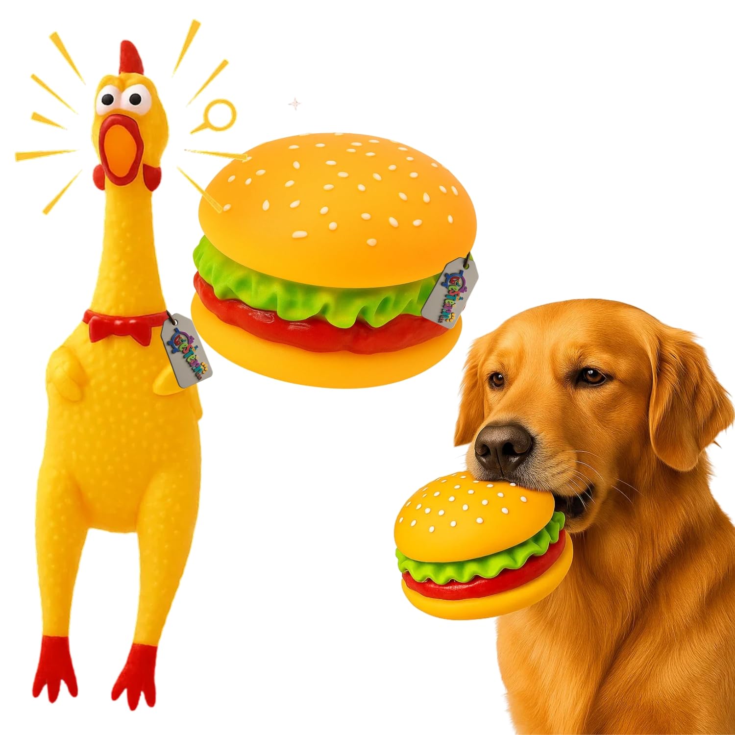 Western Era Squeaky Dog Toy Combo | Burger Shape & 32CM Screaming Chicken | Durable Material & Chewable | Fun Interactive Play T