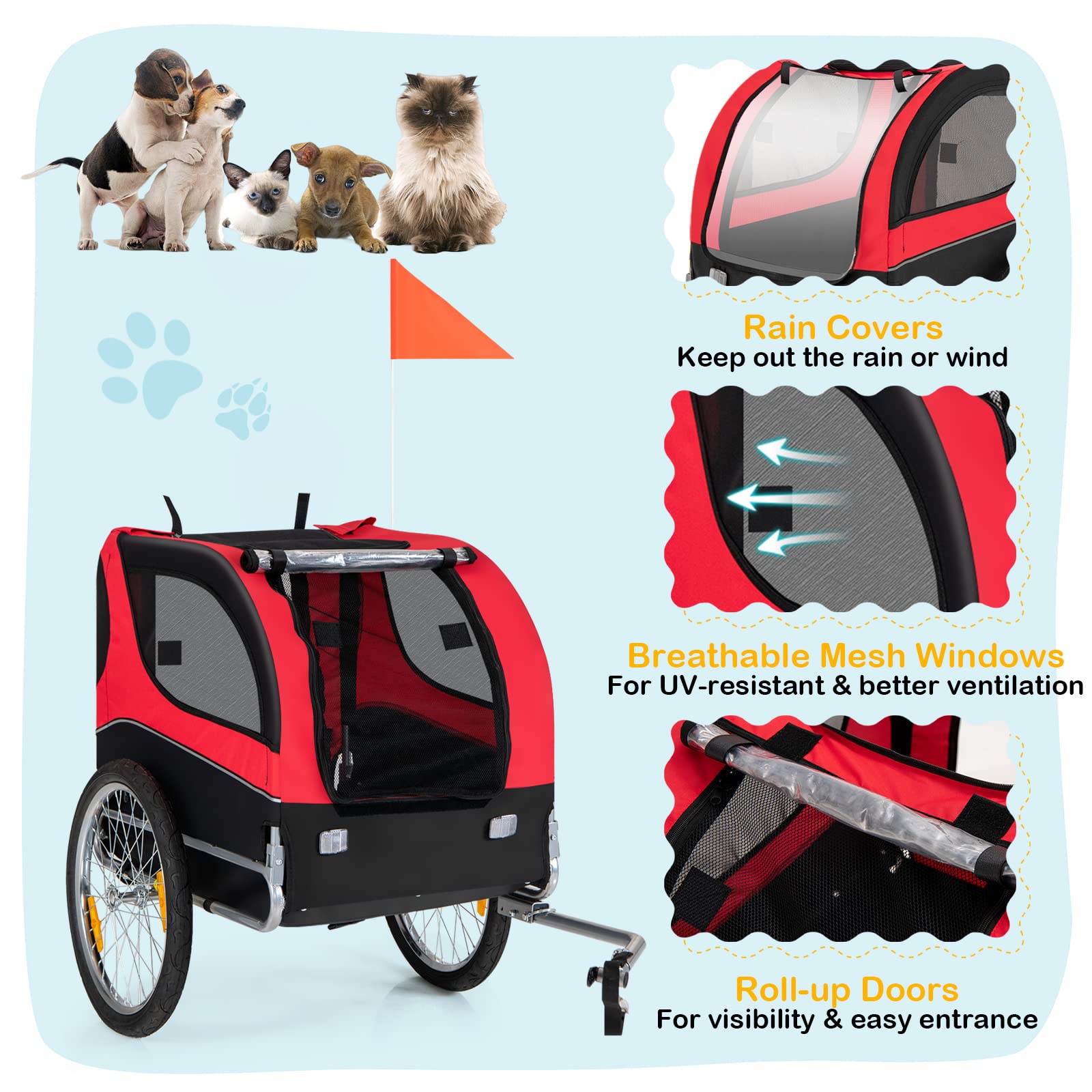 Dog Bike Trailer - Happaws Dog Trailer For Bicycle, Cargo Cycle Trailers Wagon Cart Pet Bike Carrier W/ 3 Doors, Aluminum Wheels, Safety Flag, Easy To Connect&Disconnect, Collapsible To Store