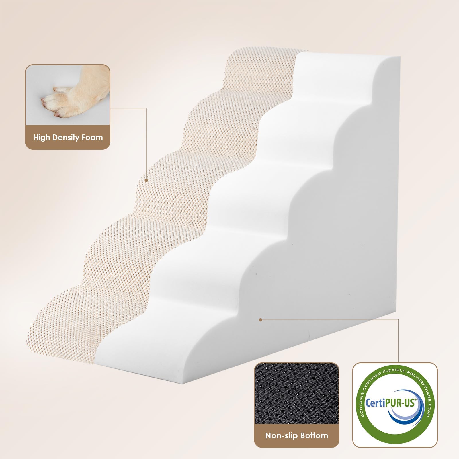 Eheyciga Curved Dog Stairs Ramp For High Beds 22.6' H, 5-Step Dog Steps For Small Dogs And Cats, Pet Stairs For High Bed Climbing, Non-Slip Balanced Pet Step Indoor, Beige