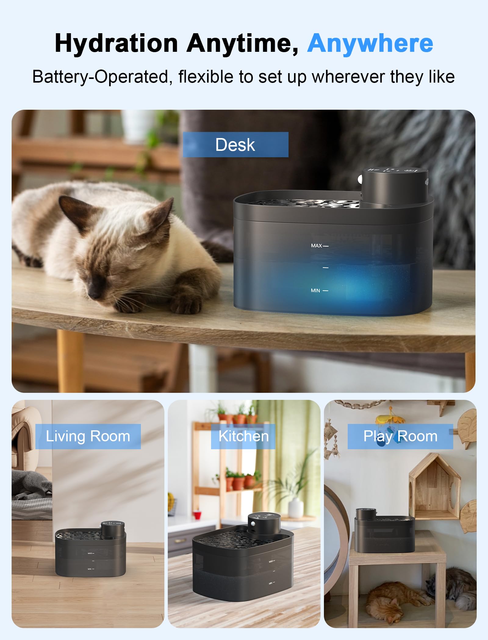 Battery Operated Cat Water Fountain, 84Oz/2.5L Wireless Pet Water Fountain For Cats Indoor, Cat Fountain With Motion Sensor, Ult