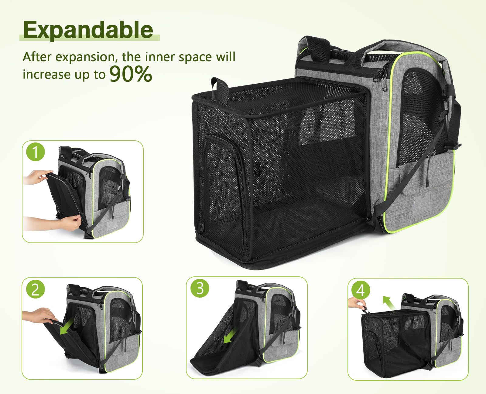 Pecute Cat Carrier Backpack - Expandable, Breathable Mesh, Grey, L, Model PC-PCB03 for Cats & Small Dogs Up to 17 Lbs, Great for Travel & Hiking