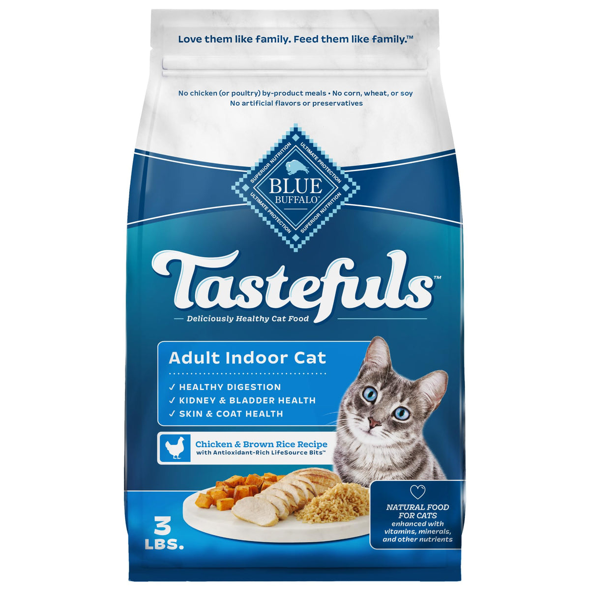 Blue Buffalo Tastefuls Adult Dry Cat Food Indoor Cat Formula, Made In The Usa With Natural Ingredients, Chicken & Brown Rice Recipe, 3-Lb. Bag