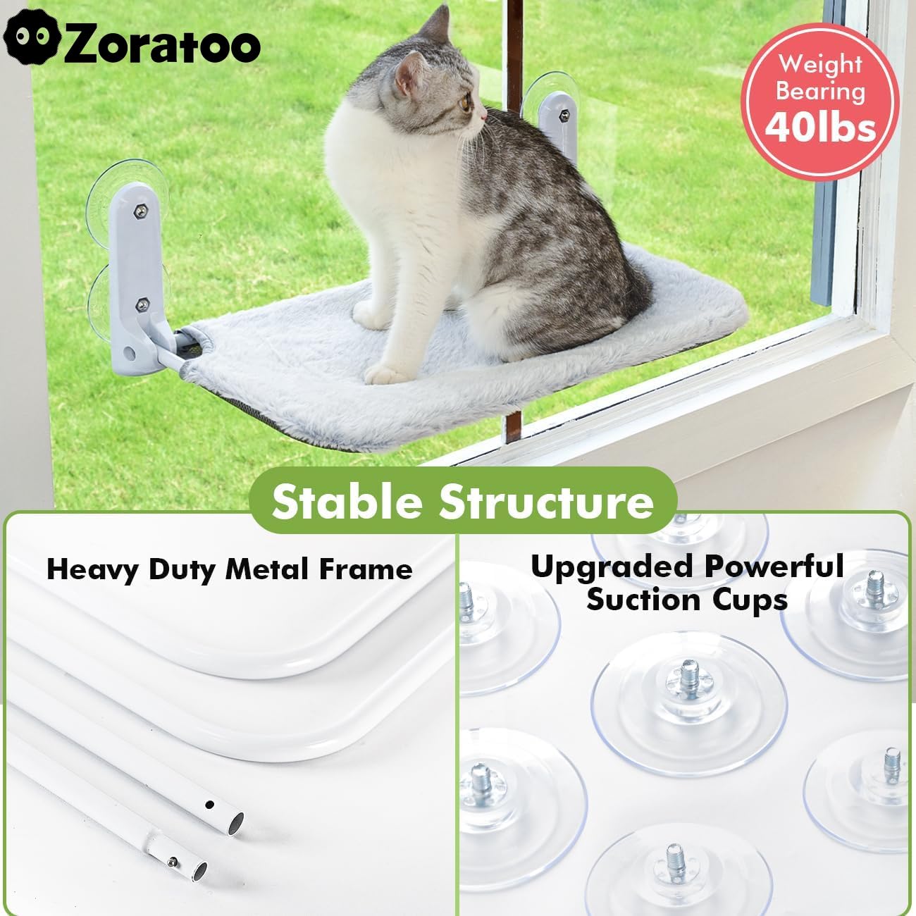 Zoratoo 2Pc Cat Window Perch Cordless Foldable Cat Hammock Bed For Window With Metal Frame And Reversible Cover, Large Suction C