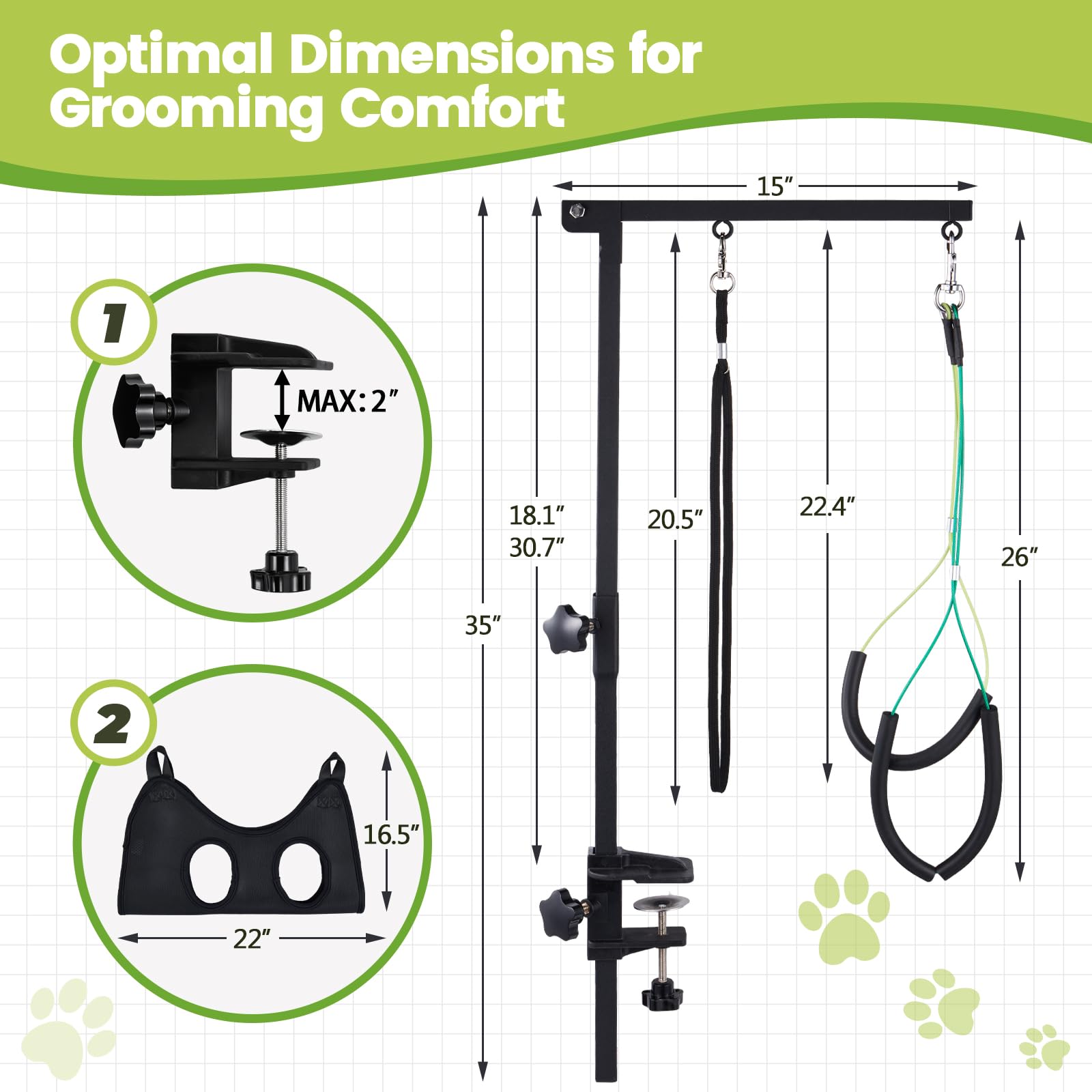 SUNMCCN Dog Grooming Table Arm with Hammock, 35 '' Adjustable Height Grooming Arm with Clamp and No-Sit Haunch Holders, Suitable