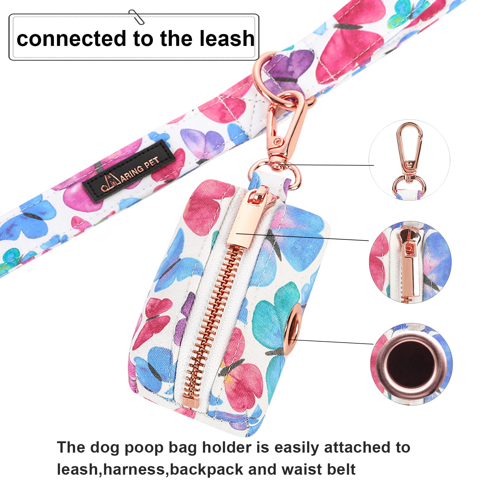 Aring Pet Dog Waste Bag Dispenser, Cotton Doggy Poop Bags Holders Attach To Any Leashes, Portable Washable Butterfly Pattern Pet Waste Pouch Dispenser With Metal Zipper