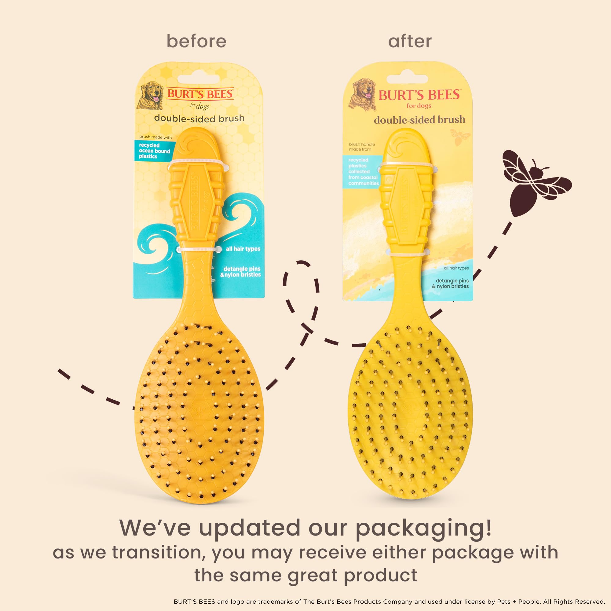 Burt'S Bees For Pets Double Sided Brush For Large Dogs With Handle Made From Recycled Plastics Collected From Coastal Communitie