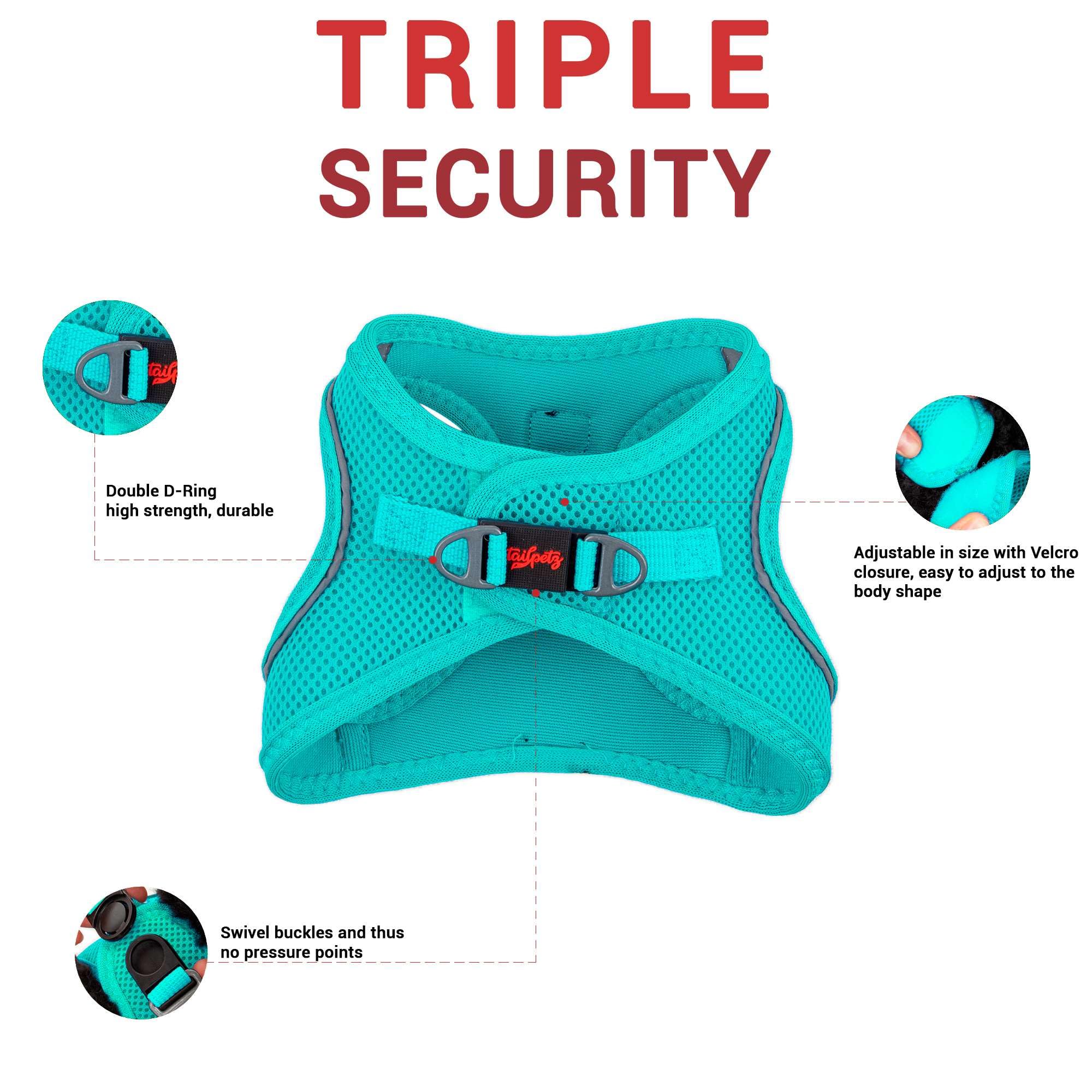 Tailpetz Light Blue Dog Harness Small Sized Dogs, Adjustable No Pull Step in Harness for Small Dog, Reflective Puppy Harness for