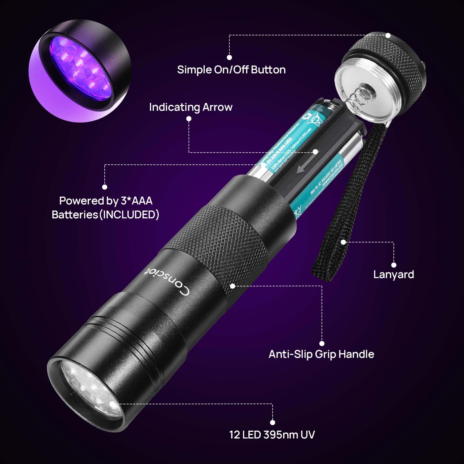 Consciot 2 Pack Uv Flashlight Black Light, 12 Led 395Nm Ultraviolet Blacklight, Portable Mini Torch Light Pet Urine Detector For
