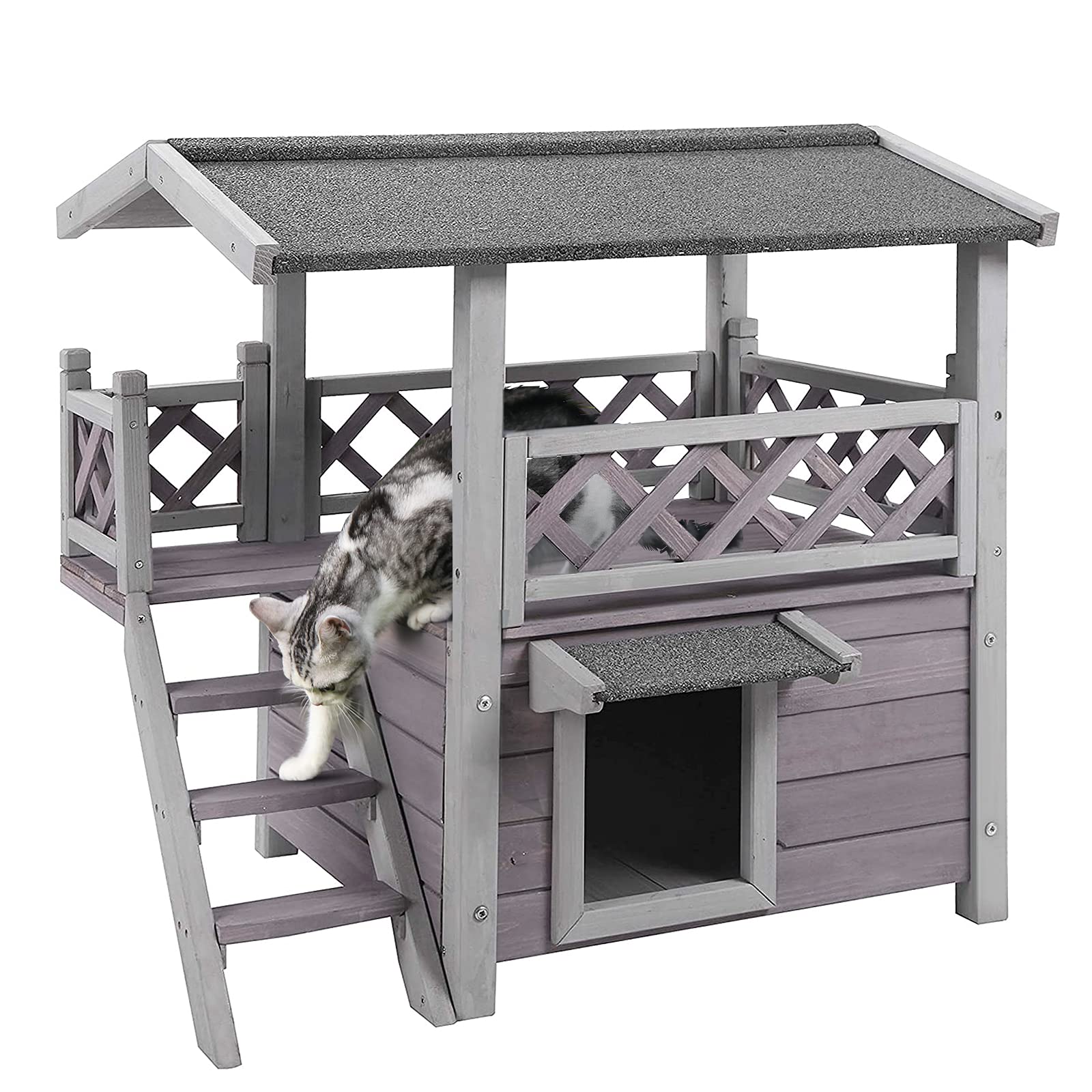 Cat House With Door For Feral Cats, Rainproof Outside Kitty House, 2 Story Wooden Kitten Condo With Stairs (Air09-Bs)