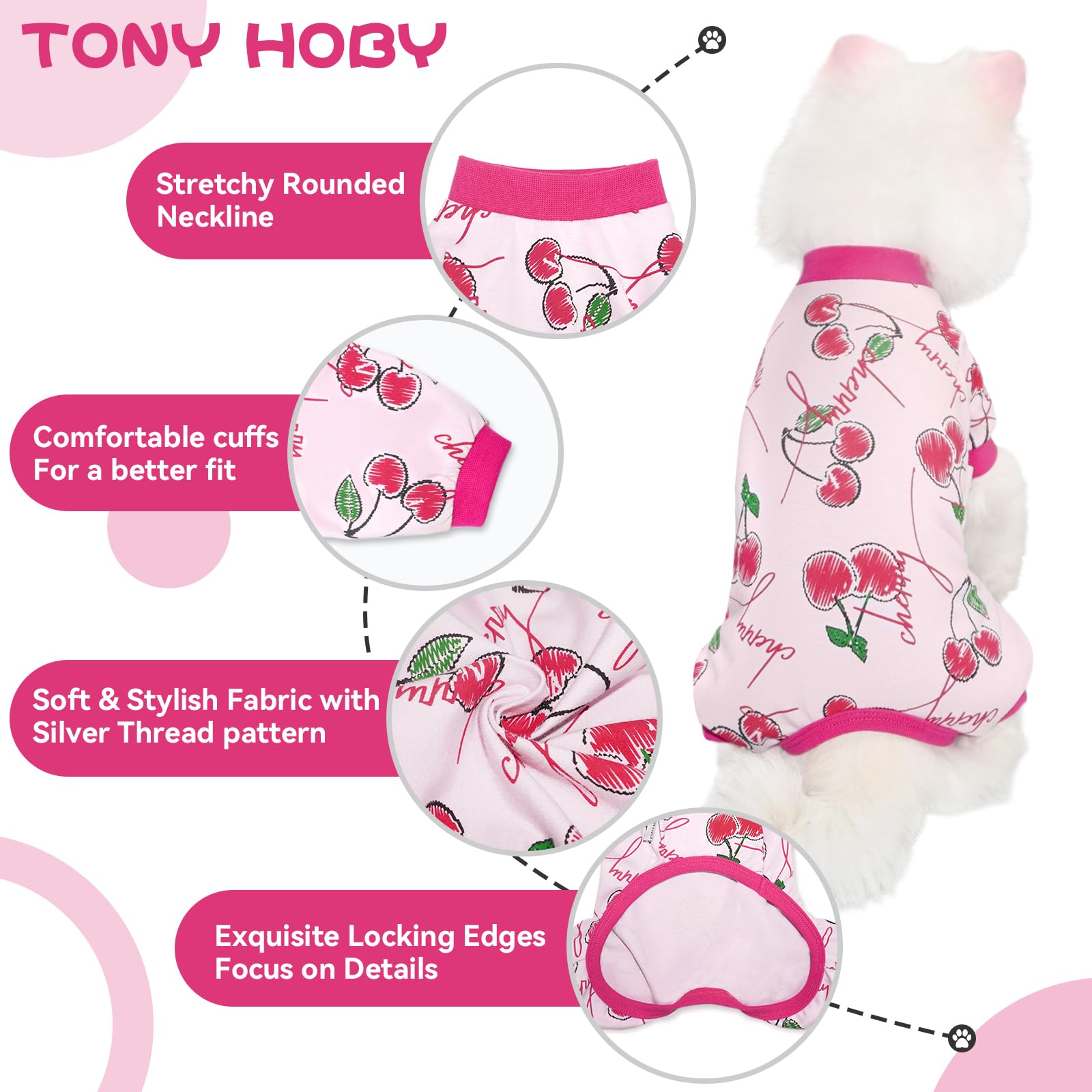 Tony Hoby Dog Pajamas, 4 Ledgged Dog Shirt, Soft Comfortable Dogs Jumpsuit, Pet Pajamas Clothes For Small Medium Dogs (Cherries,