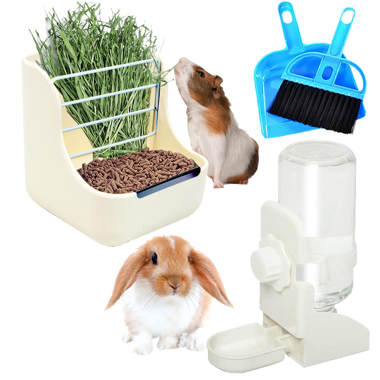 HERCOCCI Rabbit Hay Food Bin Feeder and Bunny Water Bottle Set, Hay Food Feeder Bowls Manger Rack with 500ml Hanging Water Dispe