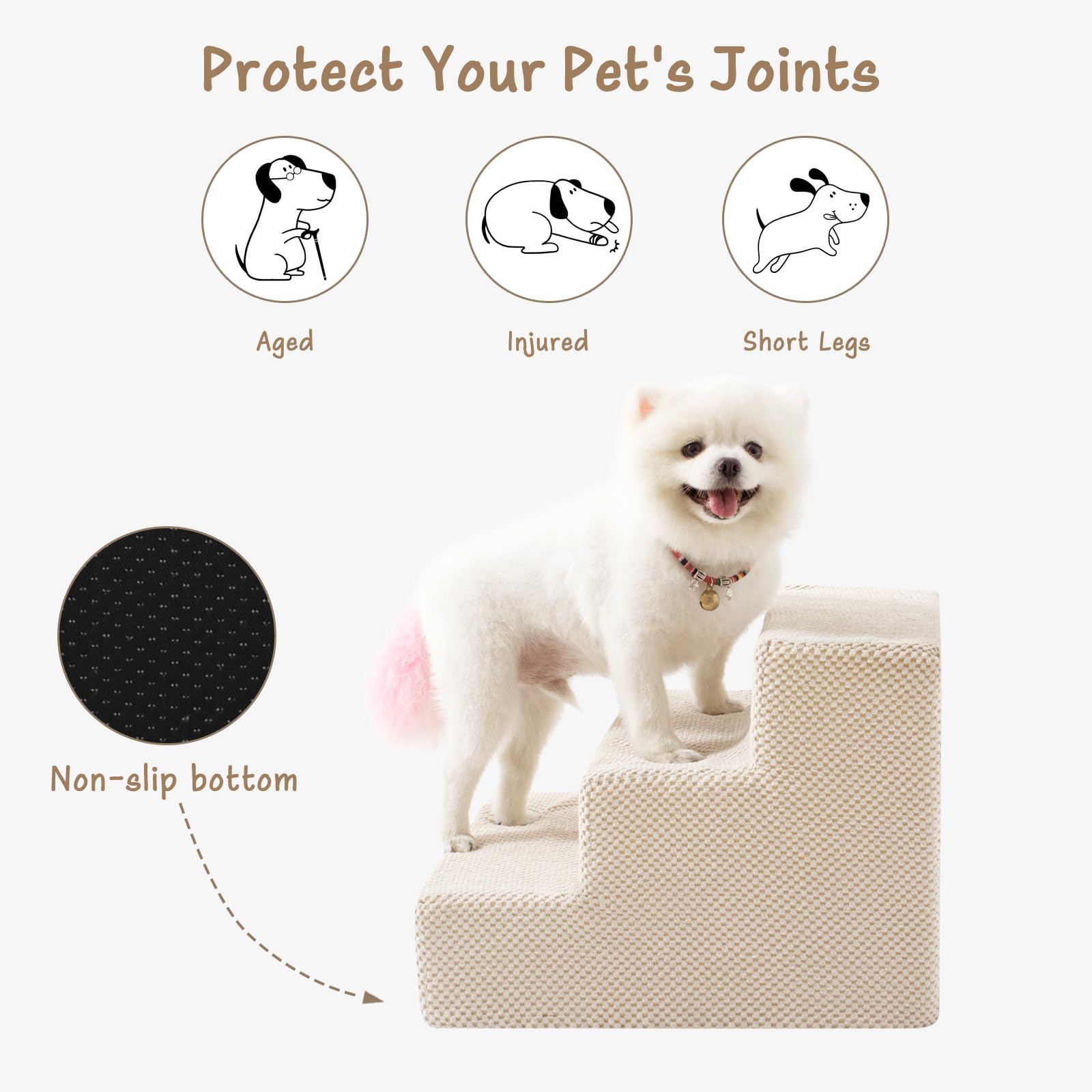 Dog Stairs for Small Dogs & Cats, 3-Step Non-Slip Pet Steps for Couch Sofa and Chair, Beige, 13.6  H