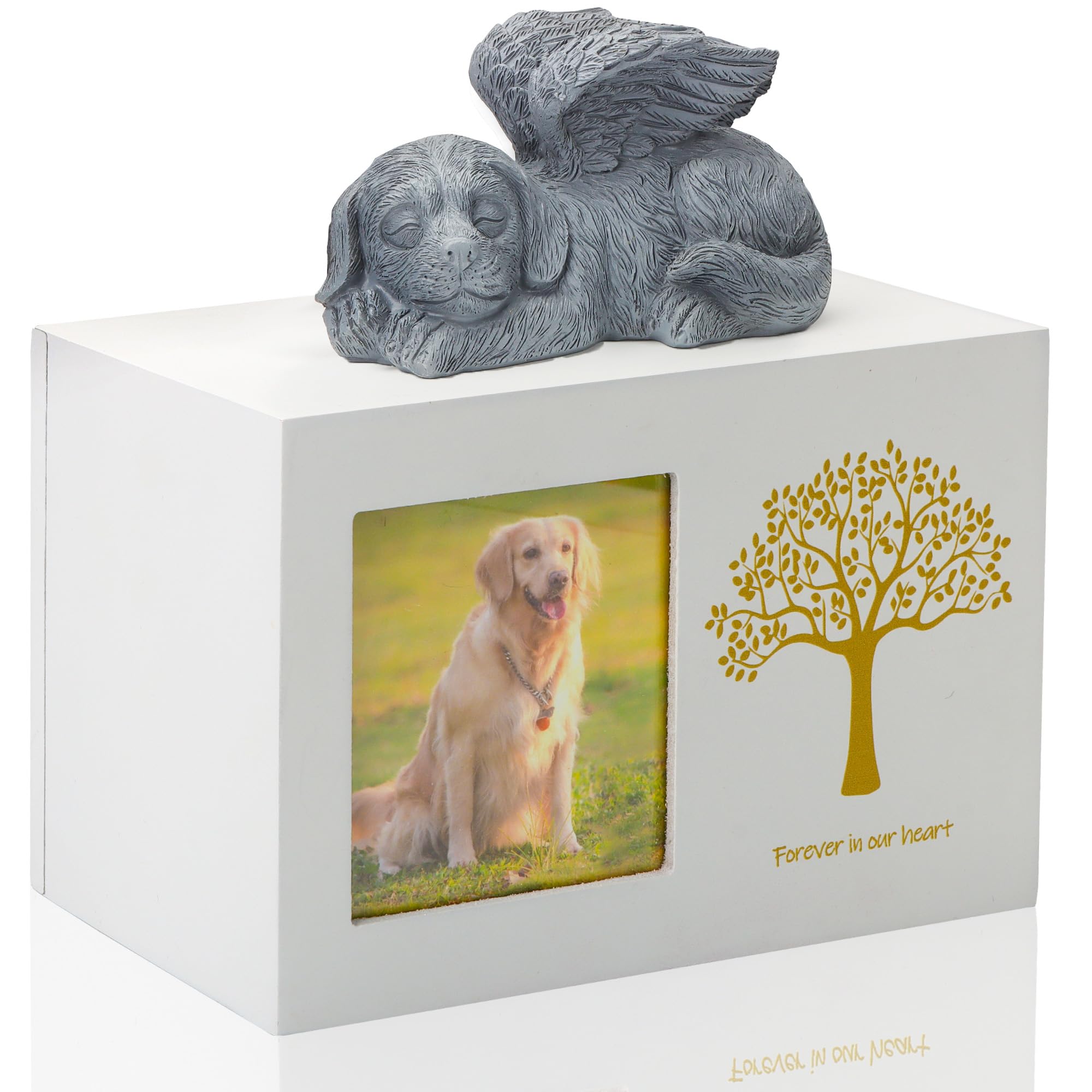 Didibirdi Pet Urn For Dog Ashes, Tree Pattern Wooden White Keepsake With Photo Frame, Memory Box With Resin Animal Statue And Se