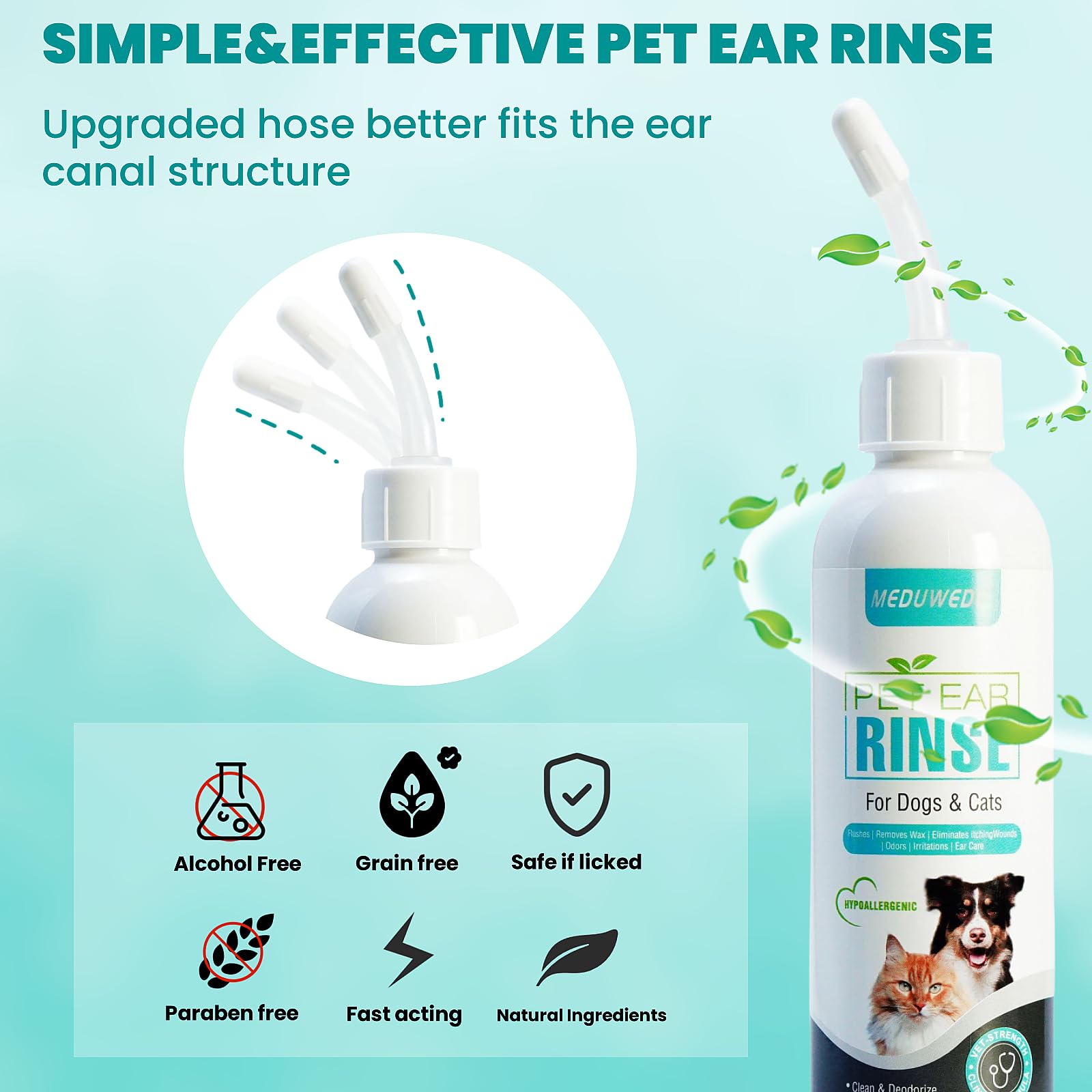 MEDUWEDU Dog Ear Cleaner - 4 Fl Oz Non-Irritating Solution for Dogs & Cats, Eliminates Odour, Dirt & Wax, White