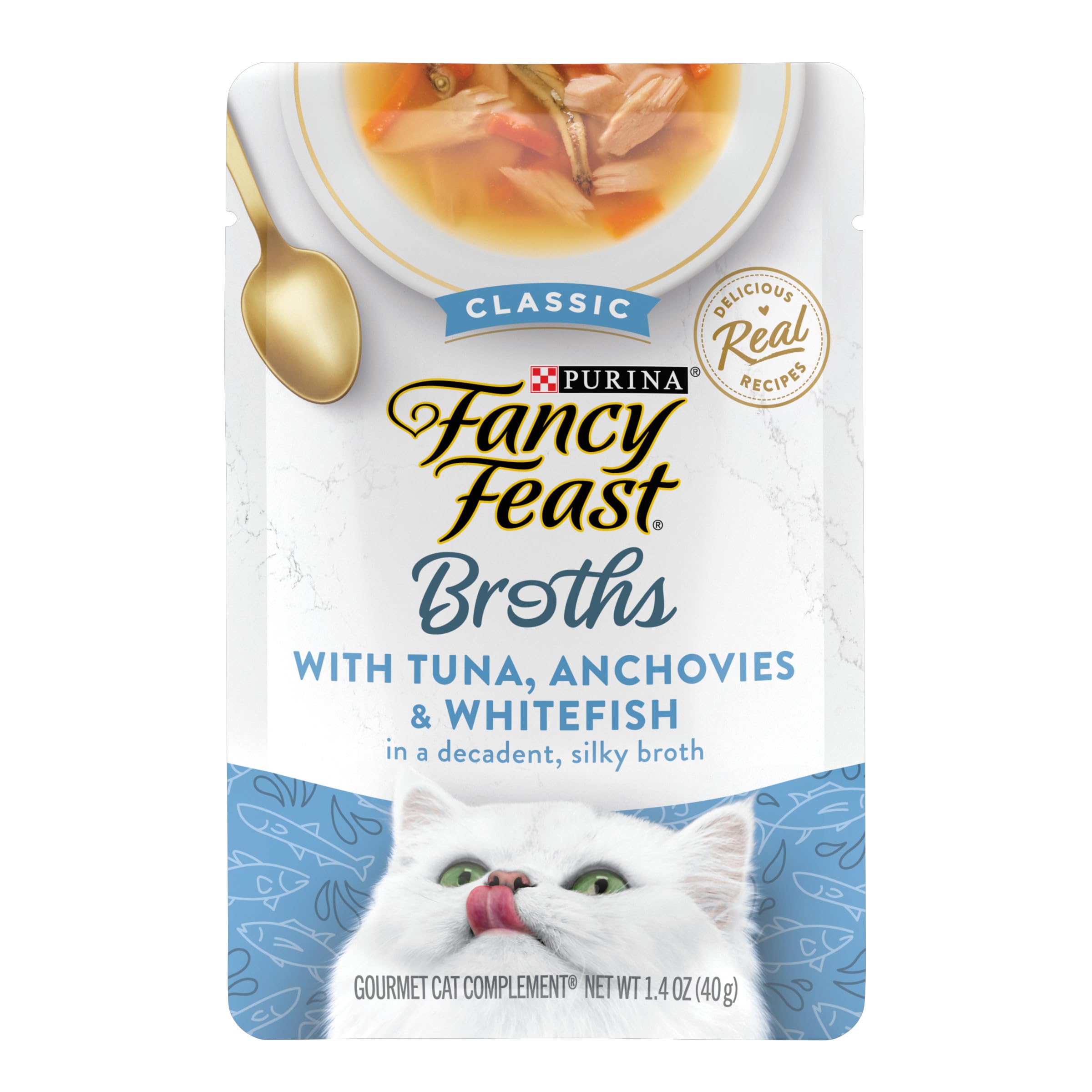 Purina Fancy Feast Lickable Wet Cat Food Broth Topper Classic With Tuna, Anchovies and Whitefish - (Pack of 16) 1.4 oz. Pouches