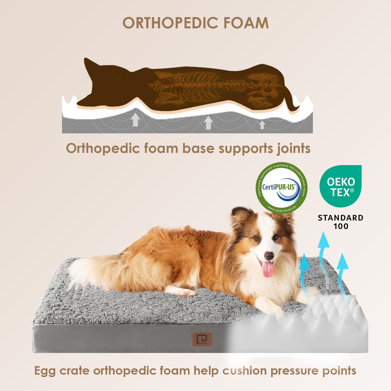 Eheyciga Orthopedic Xl Dog Beds For Extra Large Dogs With Removable Washable Cover For Crate, Light Grey, 41X27