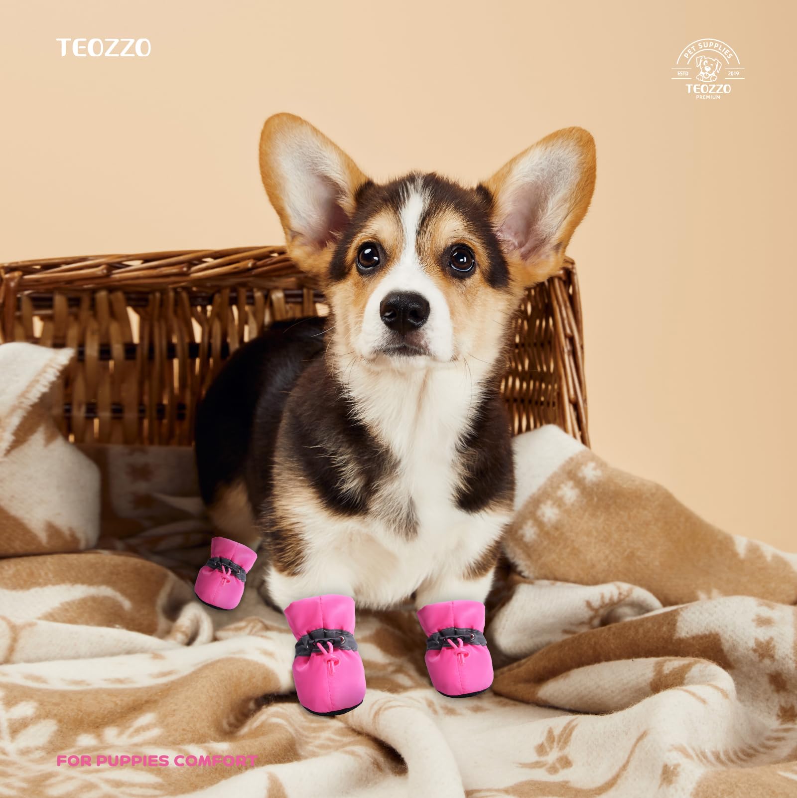 Teozzo Dog Boots & Paw Protector, Anti-Slip Sole Winter Snow Dog Booties With Reflective Straps Dog Shoes For Small Medium Dogs 4Pcs Pink 6
