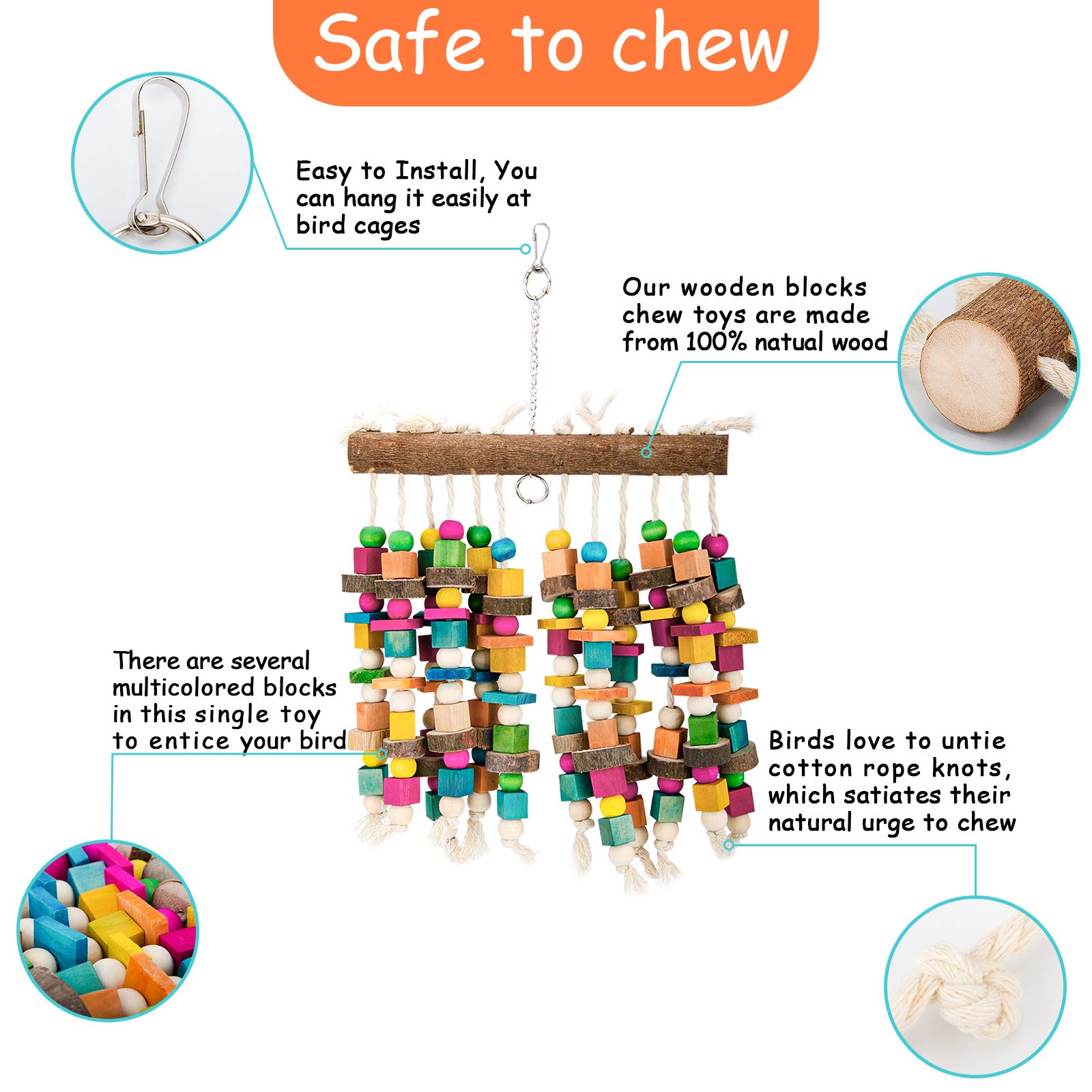 Parrot Chewing Toy Bird Bite Toy With Colorful Wood Beads, Multicolored Natural Wooden Block Cage Toys For Macaw Cockatoo Parake