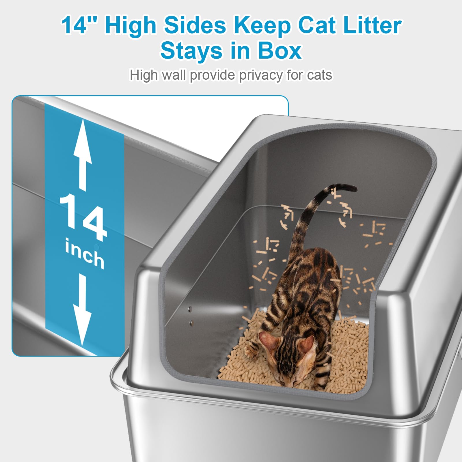 14'' High Sides Xxl All Stainless Steel Cat Litter Box With Lid,Xl Deep Metal Litter Box For Big Cats,Extra Large Litter Boxes W