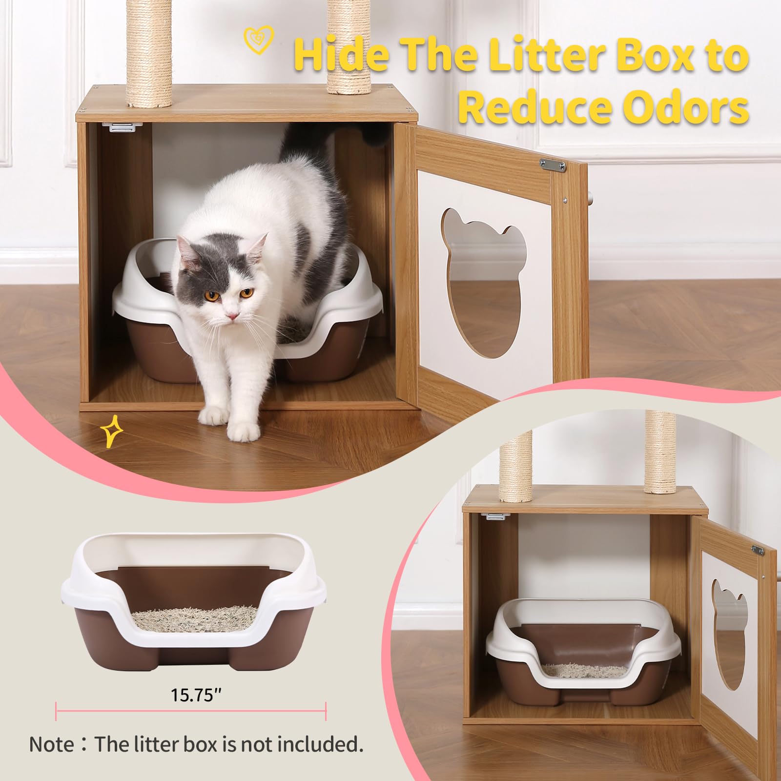 Made4Pets Cat Tree with Litter Box Enclosure, 2-in-1 Modern Cat Tower for Indoor Cats, 48.6  Wood Kitten Condo with Scratching P