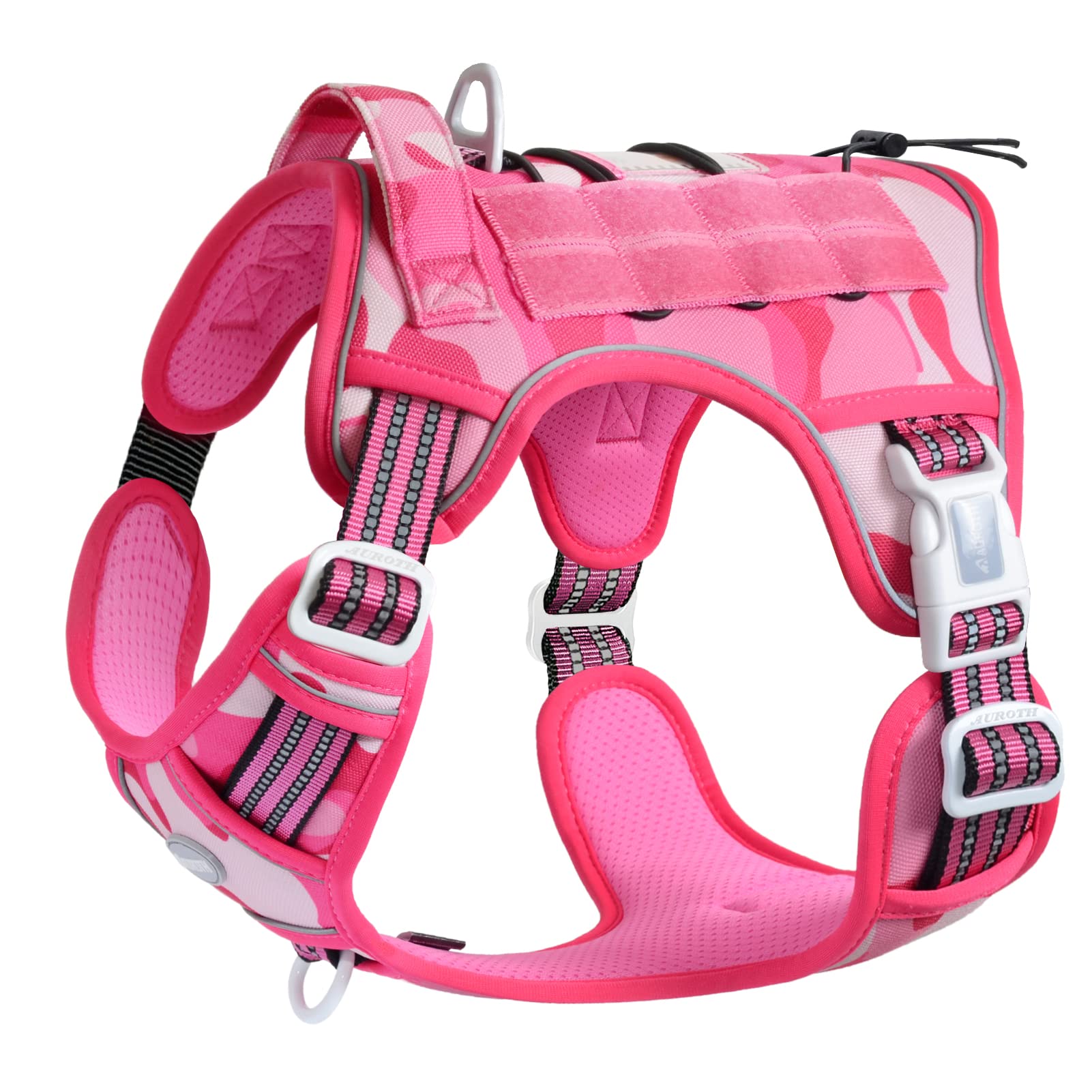 Auroth Tactical Pet Harness For Small Medium Large Dogs No Pull Adjustable, Reflective K9 Working Training Easy Control Vest Military Service Dog, Medium, Pink Camo