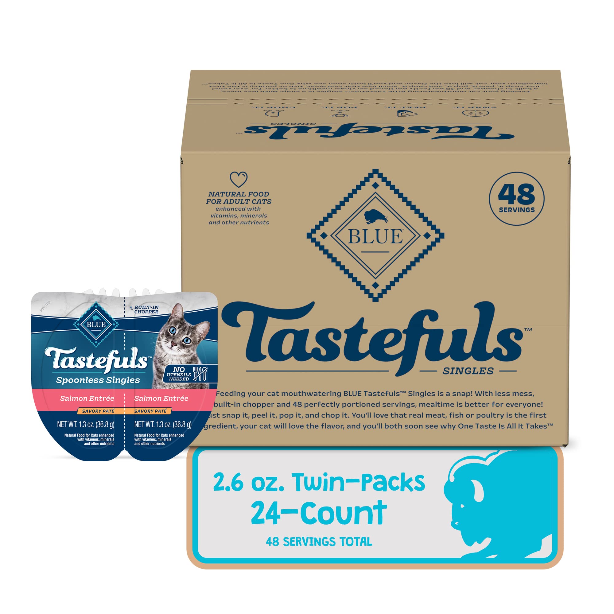 Blue Buffalo Tastefuls Spoonless Singles Natural Wet Cat Food Pat  , 2.6-oz Twin-Pack Trays, Salmon Entre   (24 Count)