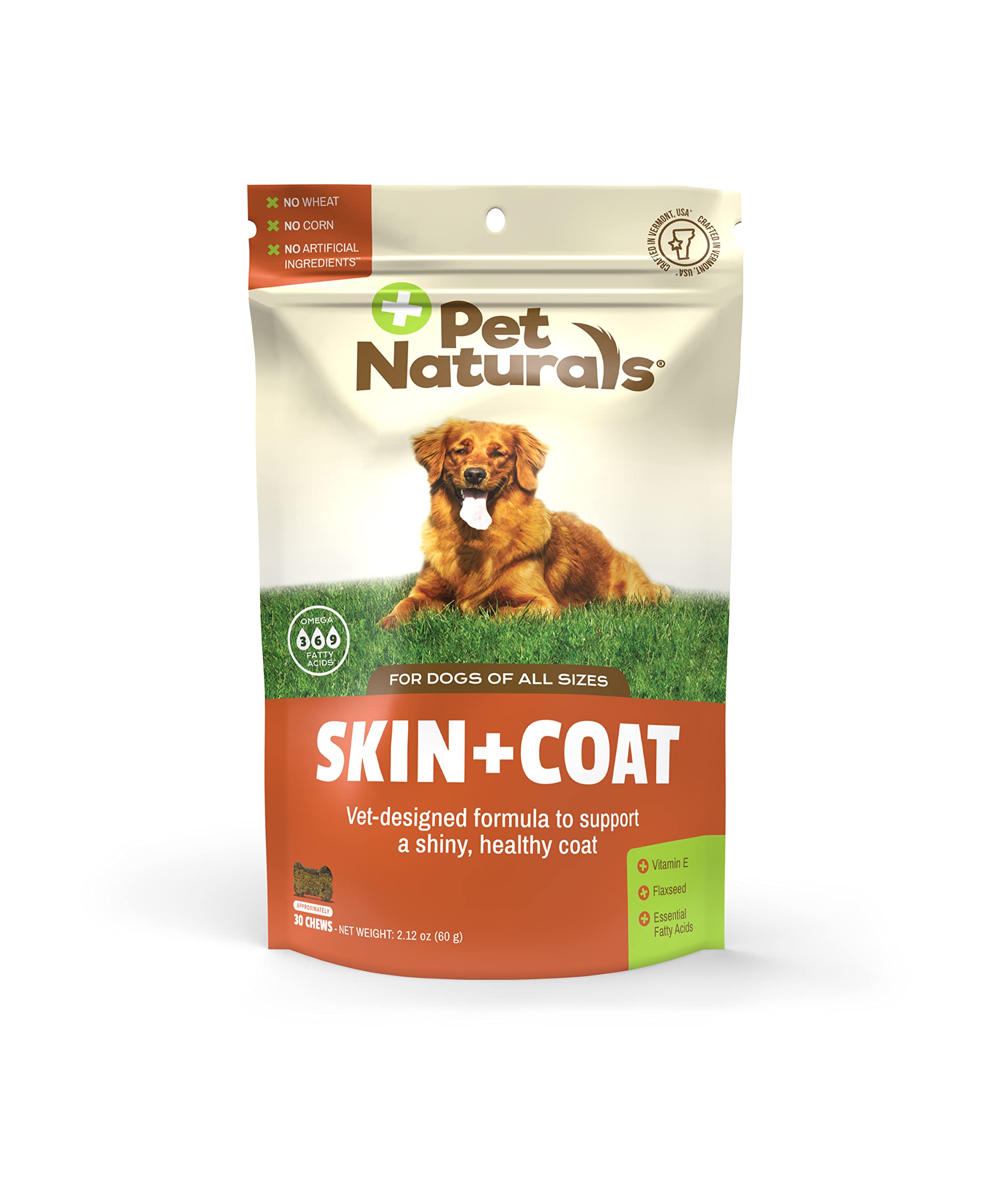 Pet Naturals Skin and Coat for Dogs with Dry, Itchy and Irritated Skin, 30 Chews - Salmon Oil, Vitamin E and Flax Oil - No Corn 