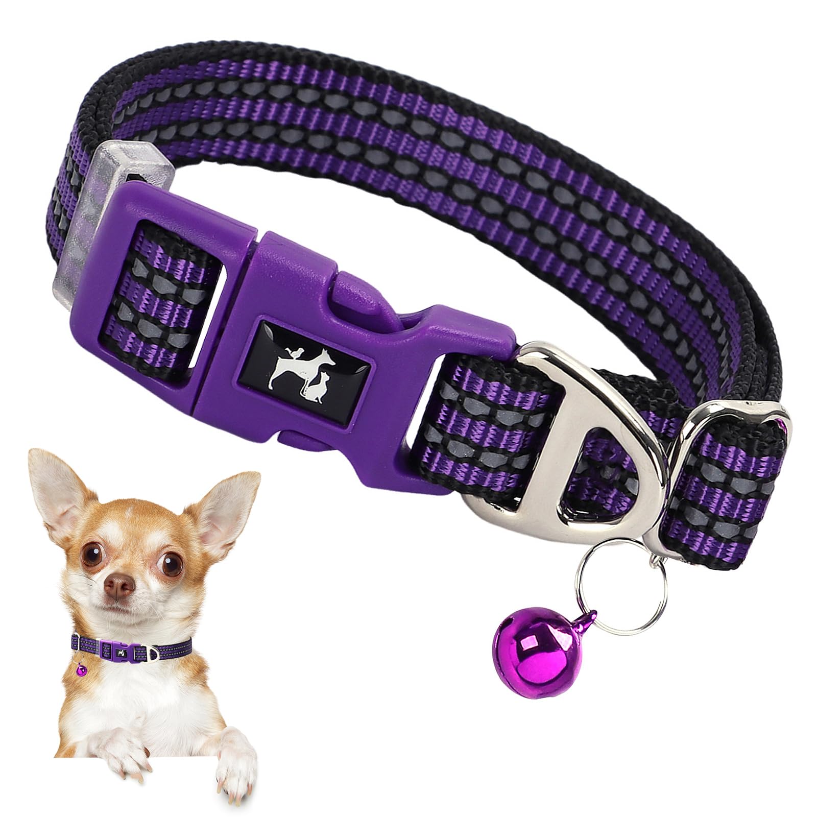 Onefojojo Reflective Dog Collar With Bell - Adjustable Nylon Puppy Collar For Small Dogs, Chihuahua Pomeranian - Night Safety (P