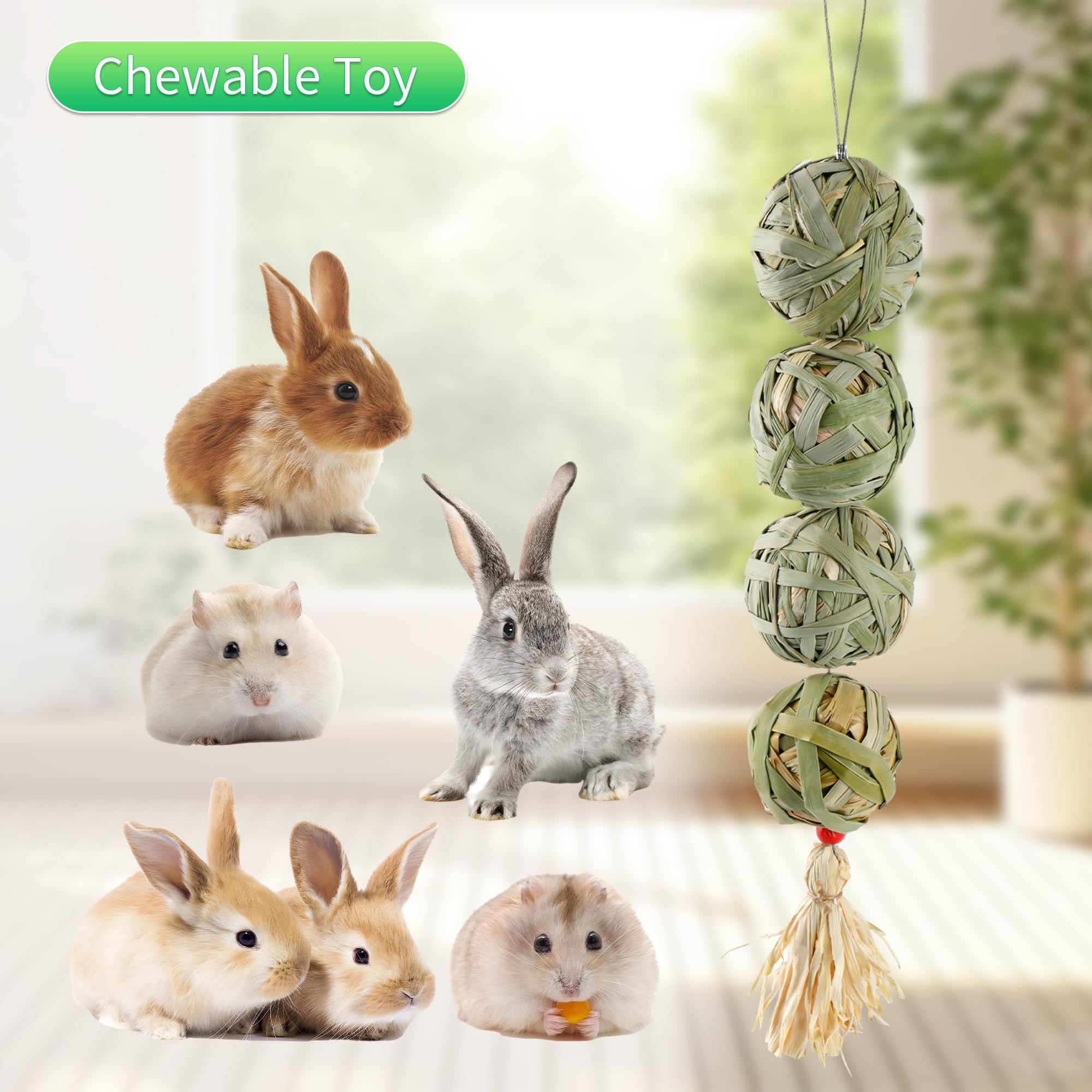 Wookiwuki Rabbit Chew Balls, Edible Woven Grass Ball Hay Small Animals Play Balls, Chewable Teething Activity Toy For Chinchilla