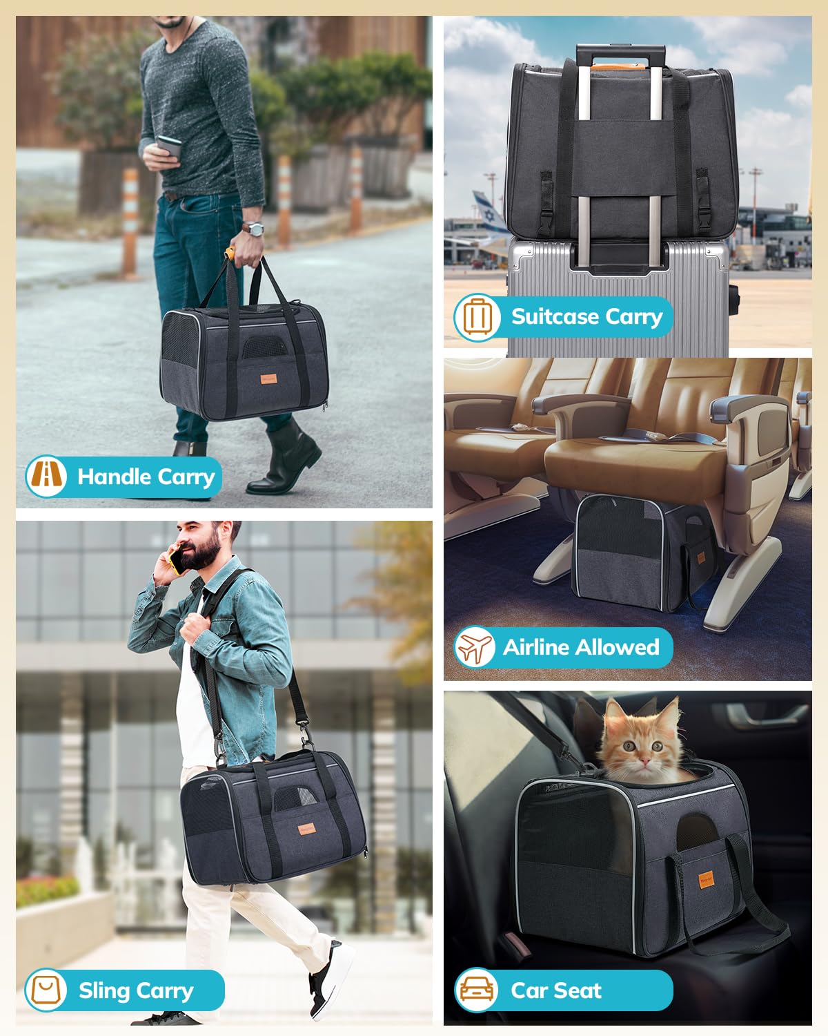 Morpilot Cat Carrier - Soft Sided Cat Carrier Large For Big Medium Cats And Puppy Up To 15Lbs, Pet Carrier With Safety Zippers, Foldable Bowl, Airline Approved Large Cat Carrier - Dark Gray