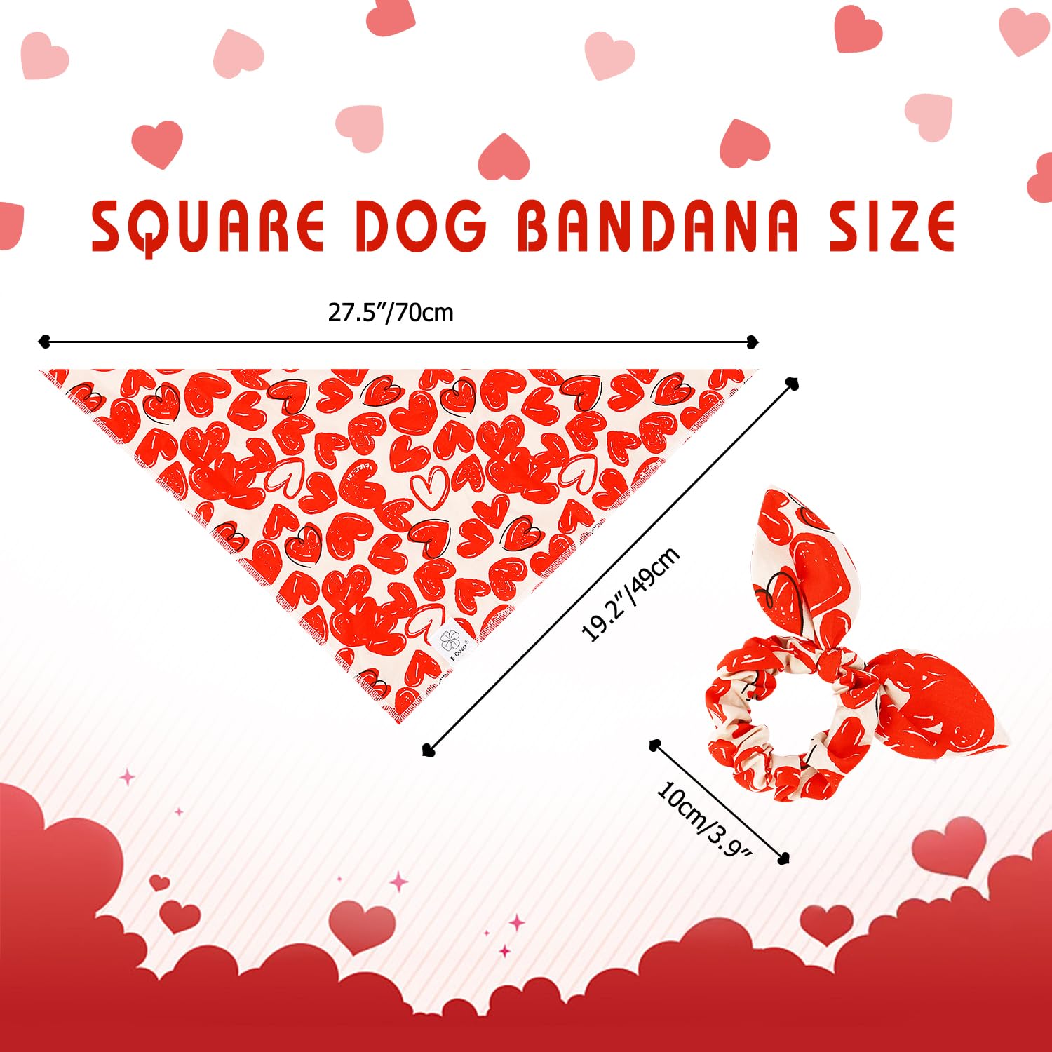 E-Clover Cute Dog Bandana & Matching Scrunchie-Heart Dog Bandanas Red Pet Scarf Bib For Medium Large Dogs Girl Boy Owner Mothers