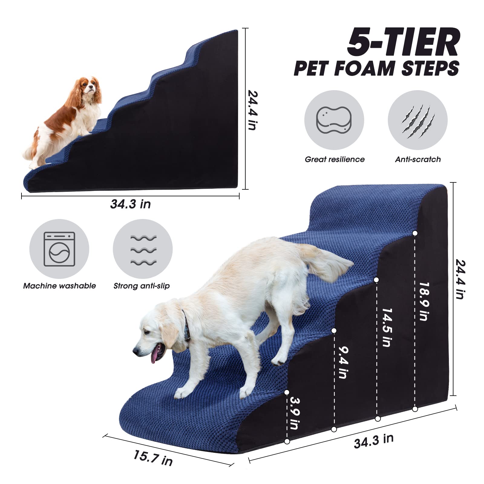 Foam 5 Tier Dog Steps&Stairs For High Beds 25 Inches High, Tall Extra Wide Pet Stairs/Steps For High Beds/Bedsides,Non-Slip Dog