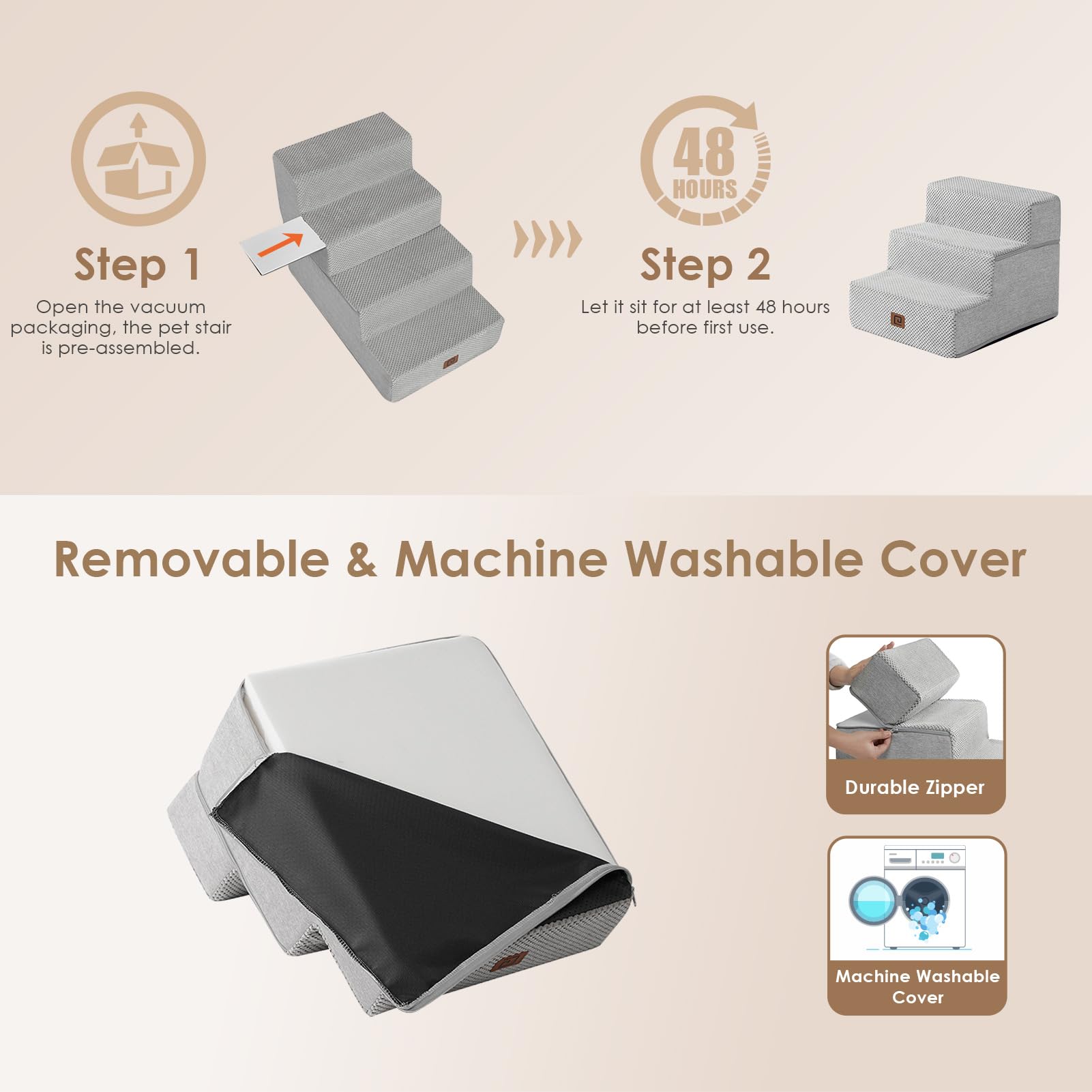 Eheyciga Dog Stairs For Small Dogs 13.5' H, 3-Step Dog Steps For Couch Sofa And Chair, Pet Steps For Small Dogs And Cats, Non-Slip Balanced Dog Indoor Ramp, Light Grey