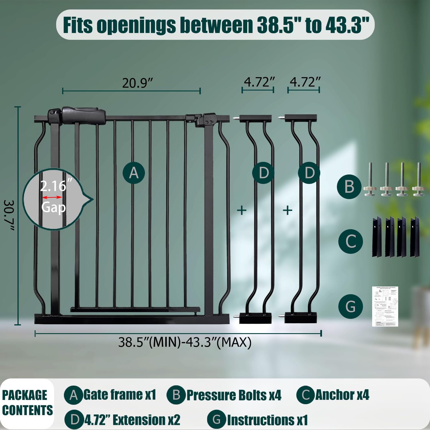 Expandable Baby & Dog Gate 38.5-43.3 Inch, Tension Mounted Indoor Safety Gate for Stairs & Doorways - Black Metal, 30 Inch Tall
