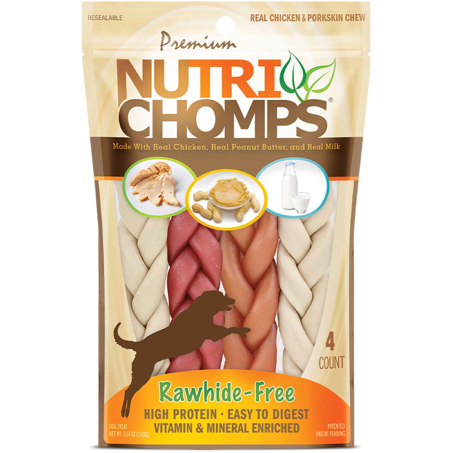NutriChomps Dog Chews, 6-inch Braids, Easy to Digest, Rawhide-Free Dog Treats, Healthy, Real Chicken, Peanut Butter and Milk fla