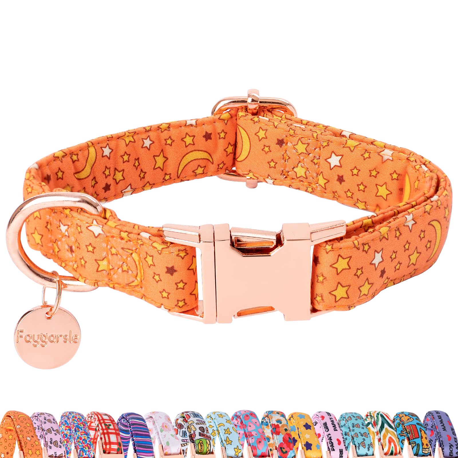 Faygarsle Orange Stars Moon Pattern Dog Collar For Small Medium Large Dogs Cute Puppy Collars For Female Dogs For Summer Spring 