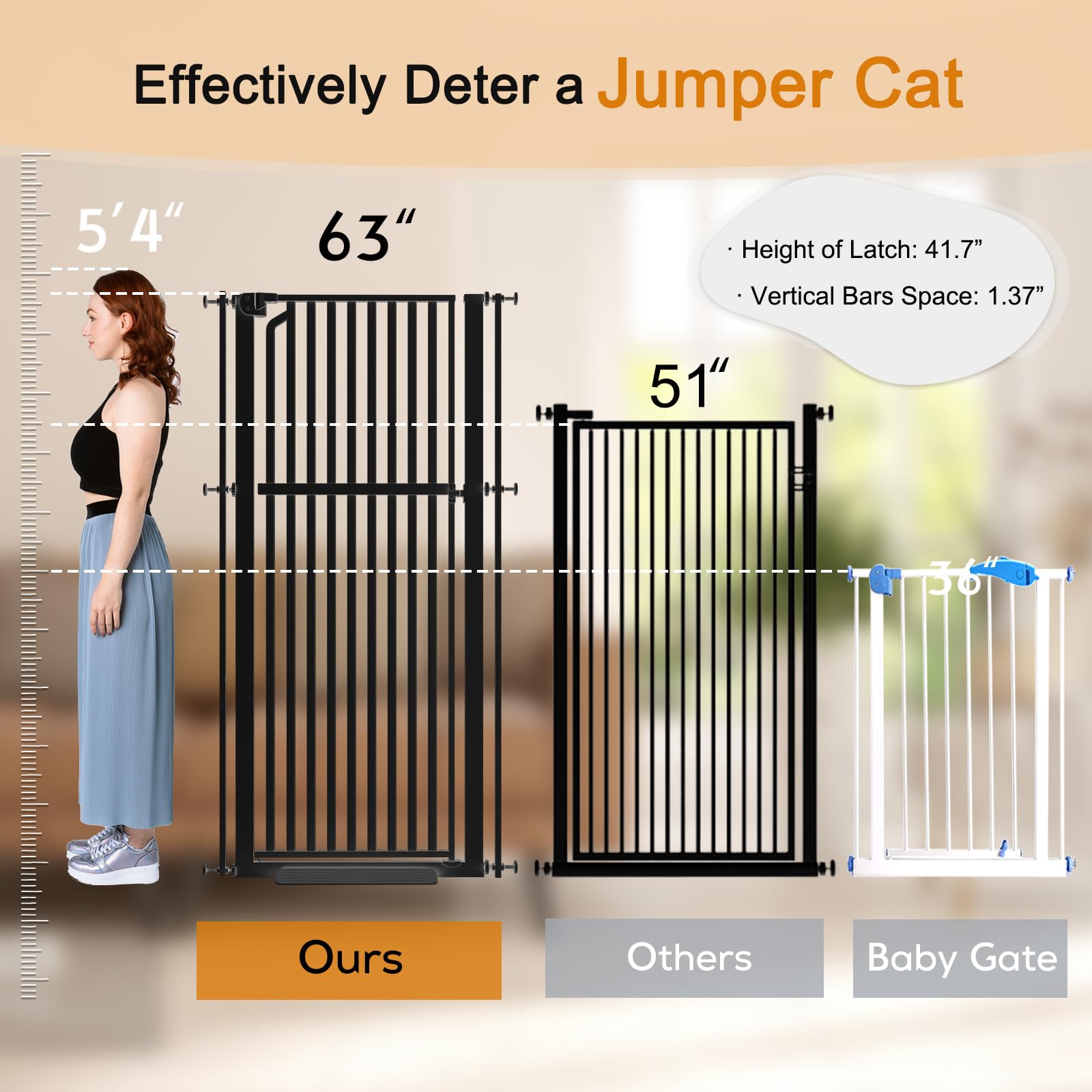 Senneny 63 Extra Tall Cat Gate Auto Close & One-Hand Open, Includes Extension, No Drilling Pressure & Wall Mounted Kits, Metal P