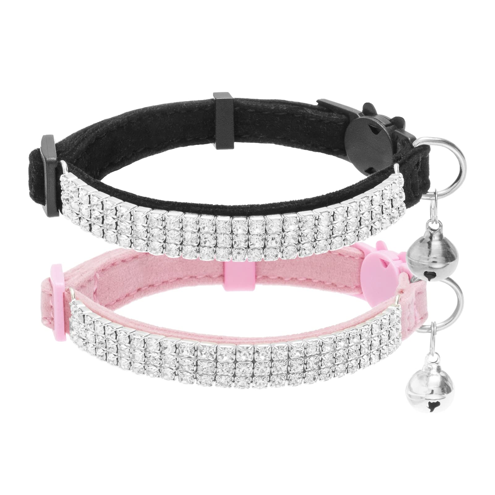 Expawlorer Cat Collar Breakaway With Bells - 2 Pack Rhinestones Bling Diamante Collars - Soft Velvet Safe Adjustable Shing Colla