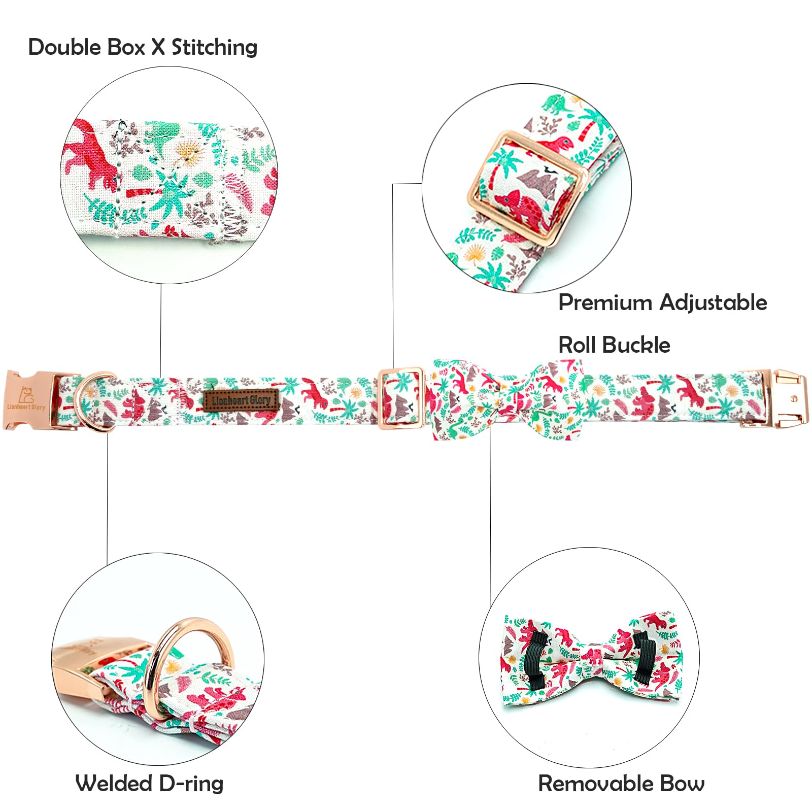Lionheart Glory Dog Collar, Cute Dog Bow Collar Boy Girl Dog Collars With Bow Adjustable Dinosaur Bowtie Collar For Large Dogs P