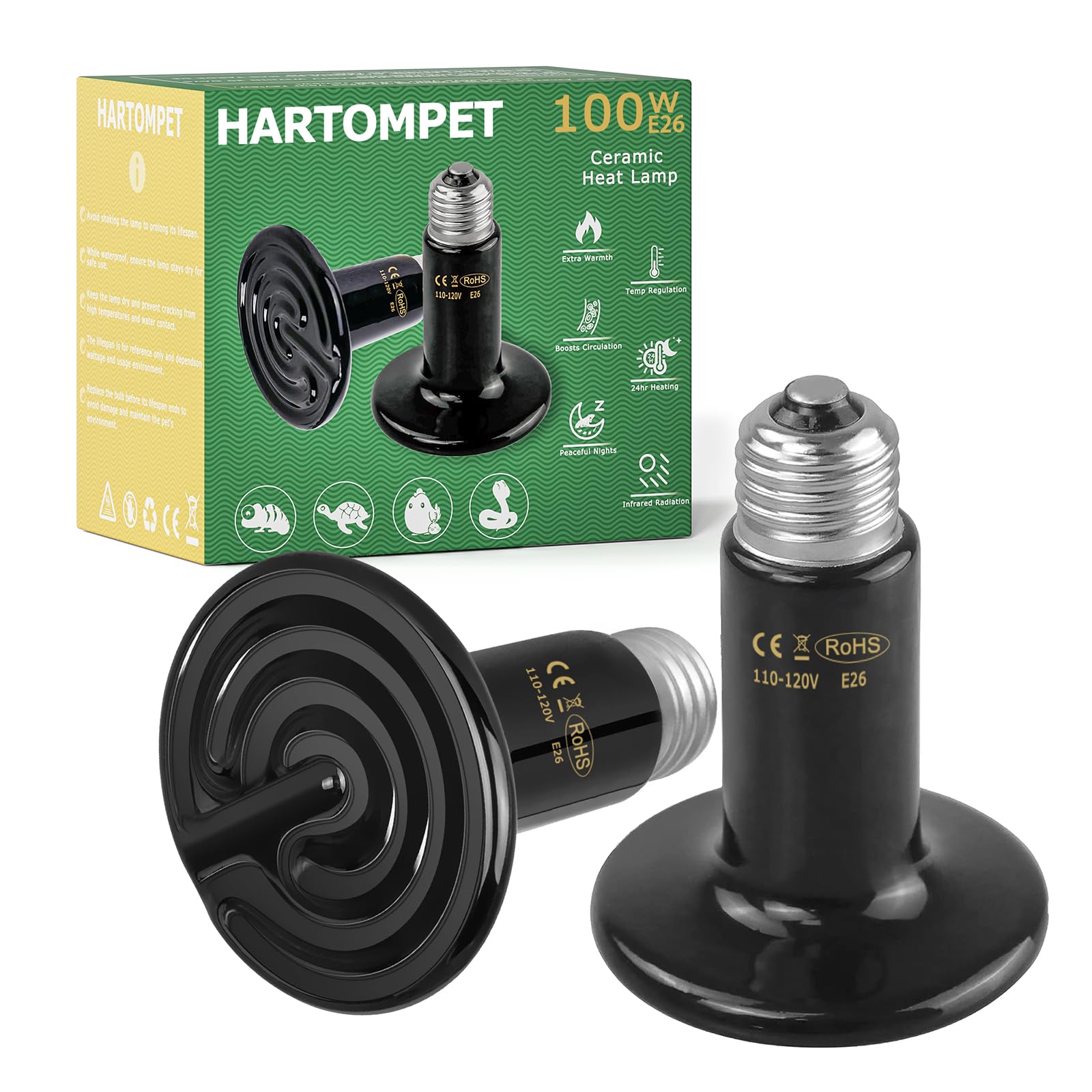 Hartompet 100W Ceramic Heat Emitter - Black Reptile Heat Bulb - No Light Infrared Reptile Heat Lamp For Lizards, Dogs, Cats - Id