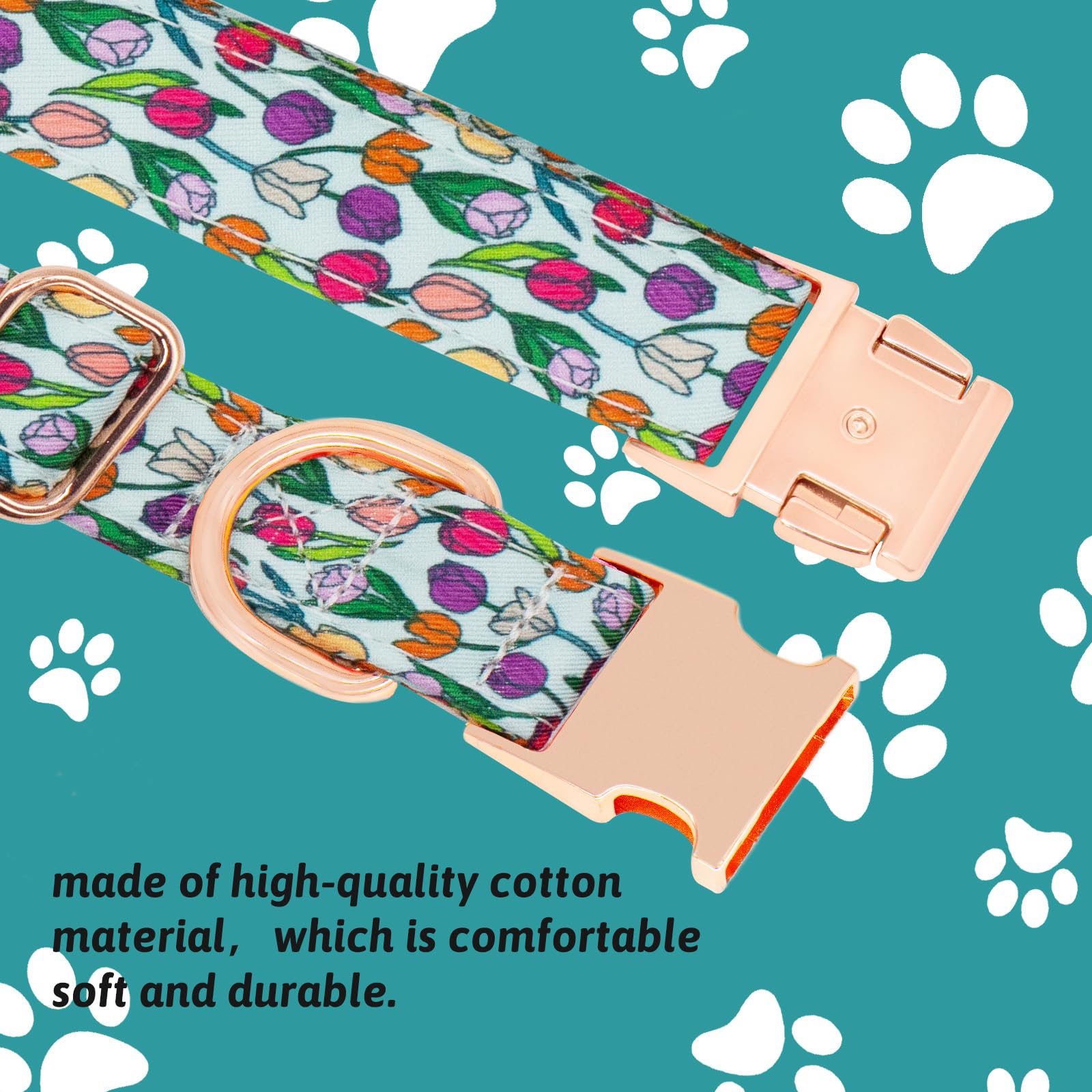 HSIGIO Dog Collar and Leash Set Girls Adjustable Puppy Collars with Floral Bow Tie for Small Medium Large Female Dogs, Tulip, S