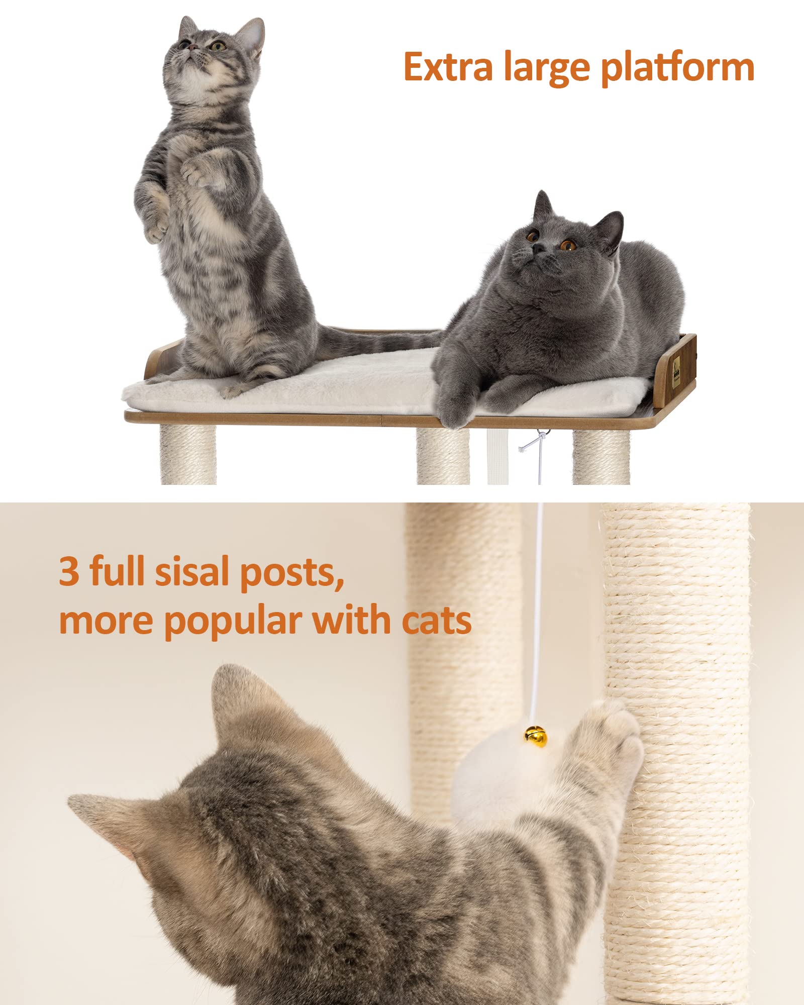 FourFurPets 26.7in Large Cat Tree Tower Condo, Cat Scratch Posts for Indoor Cats, Big Plate, Three 23.6in Full Sisal Scratching